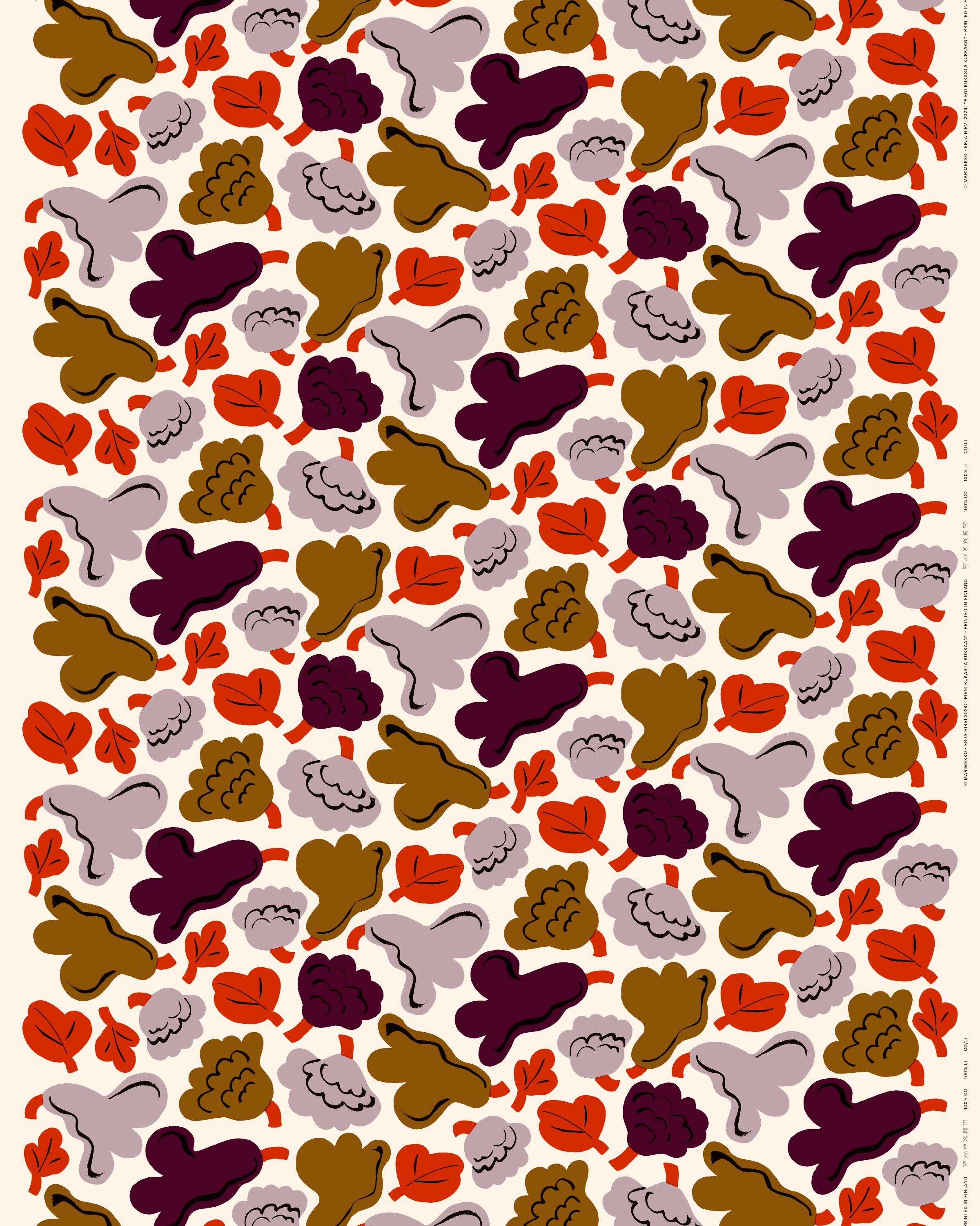 Pieni Kukasta kukkaan Cotton fabric hay, plum, bronze, terracotta