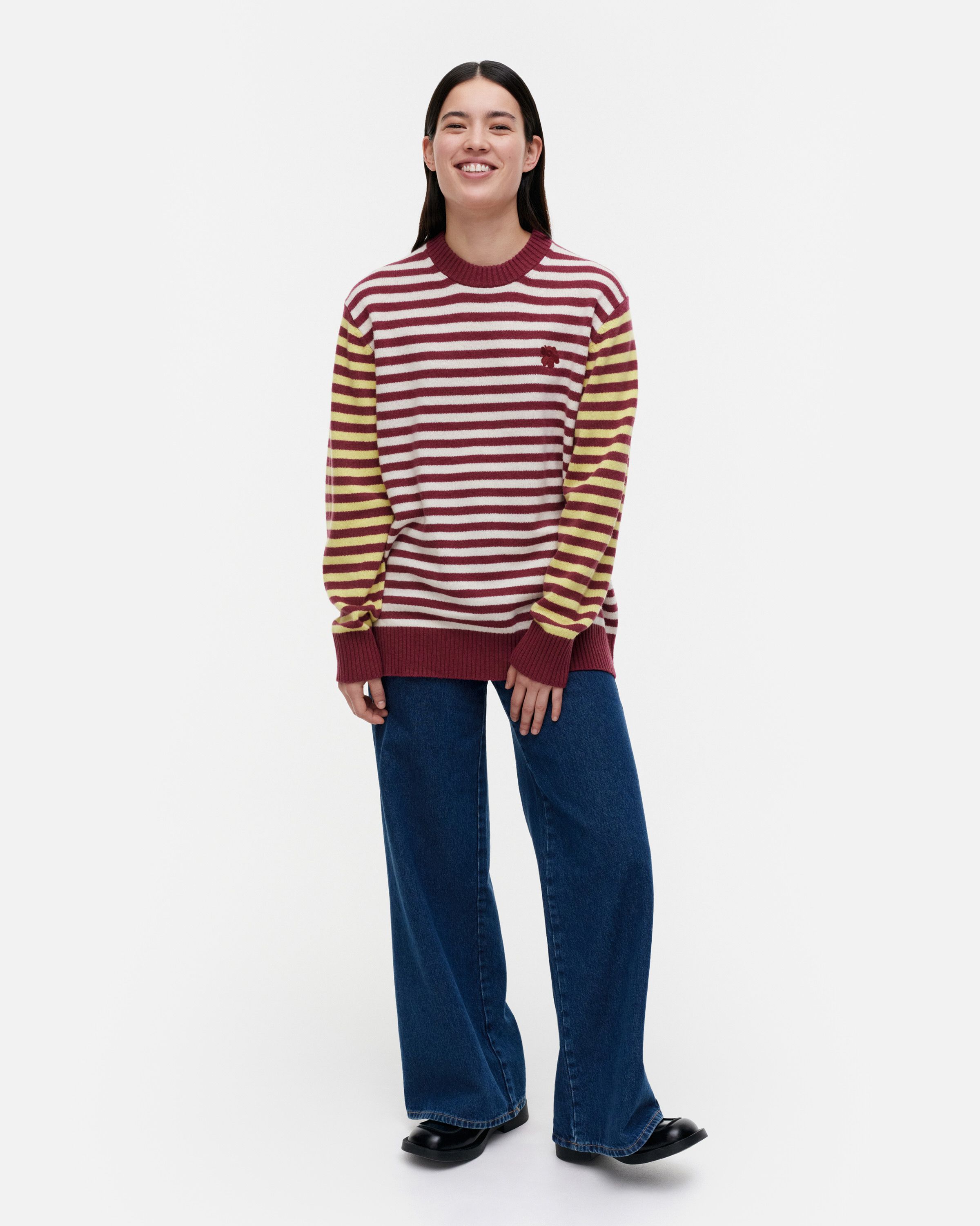 Pehmyt Tasaraita Kioski wool jumper wine red, white, yellow