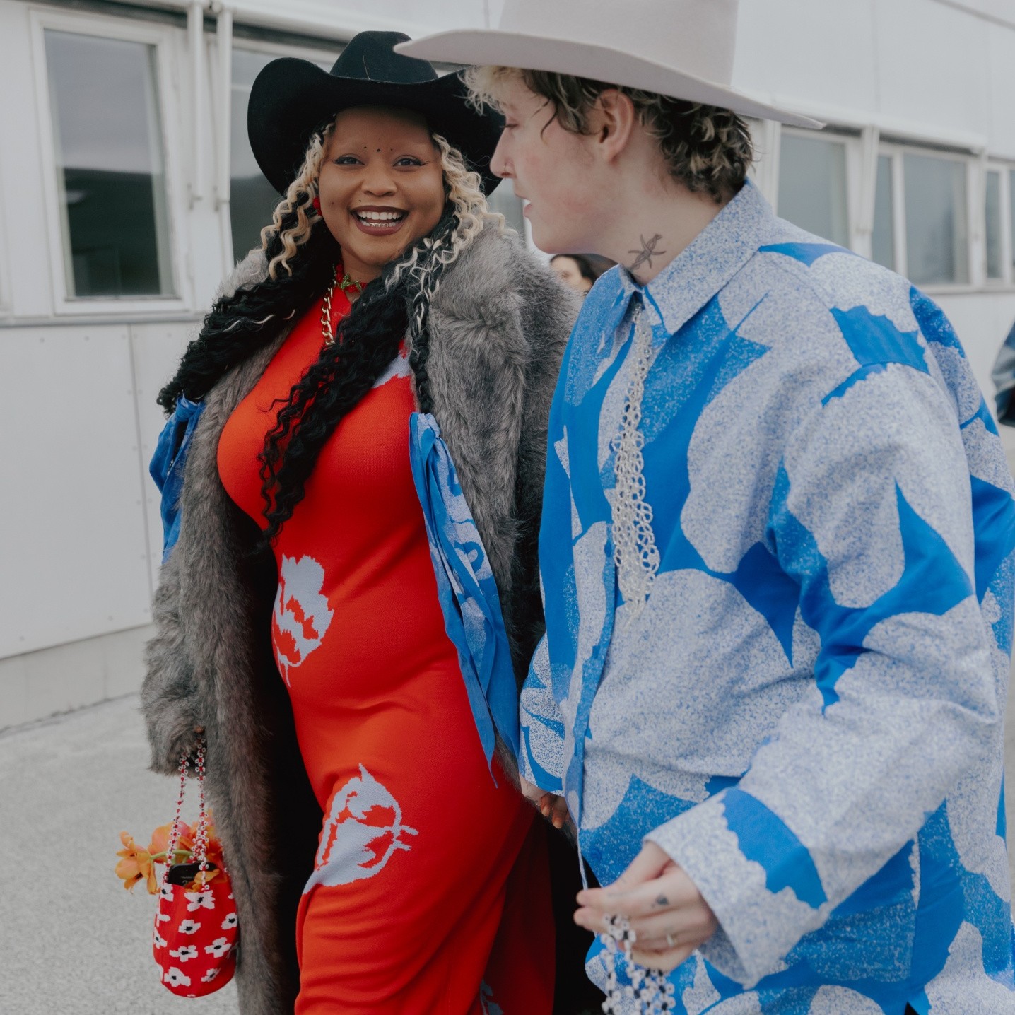 Grey and Grayson Prnce wearing knitted dress with Myski pattern and shirt in Unikko pattern