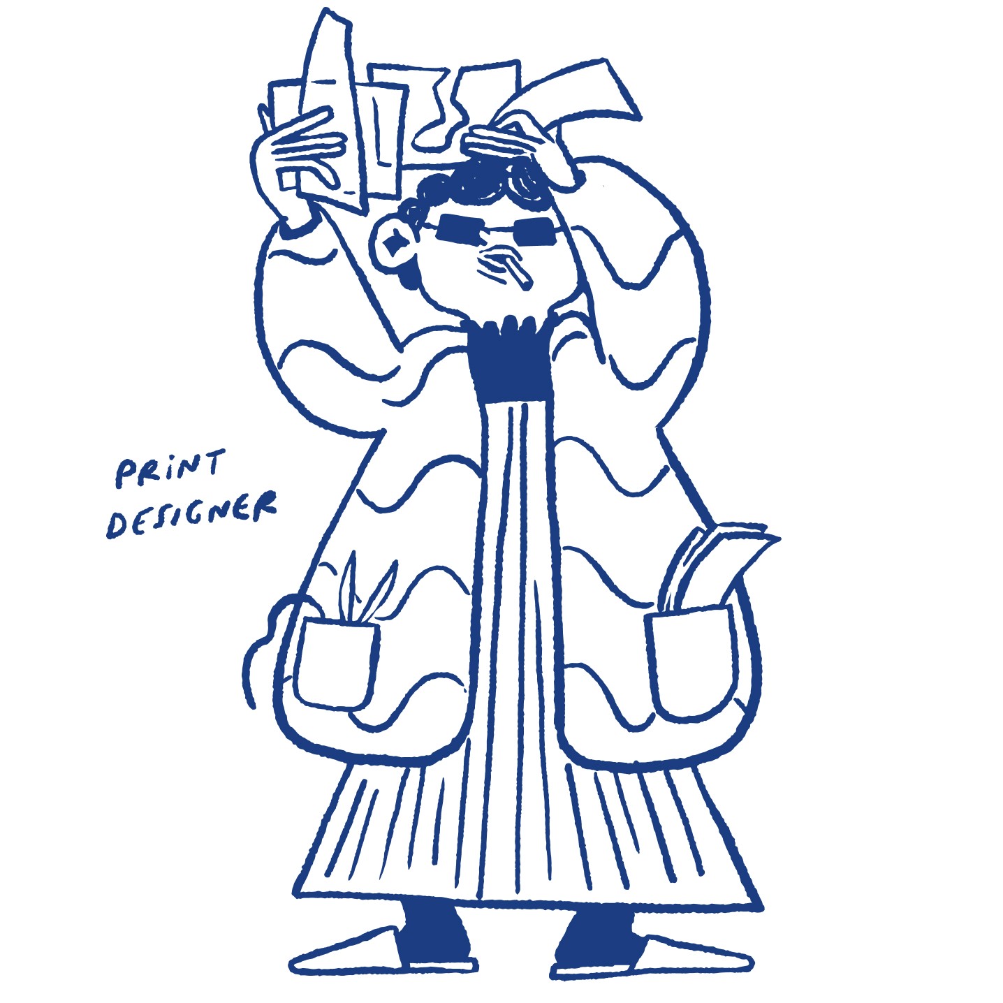 Print Designer figure created by Ulla Donner. Figure has papers in hands, big jacket with full pockets and cigarette in the mouth.