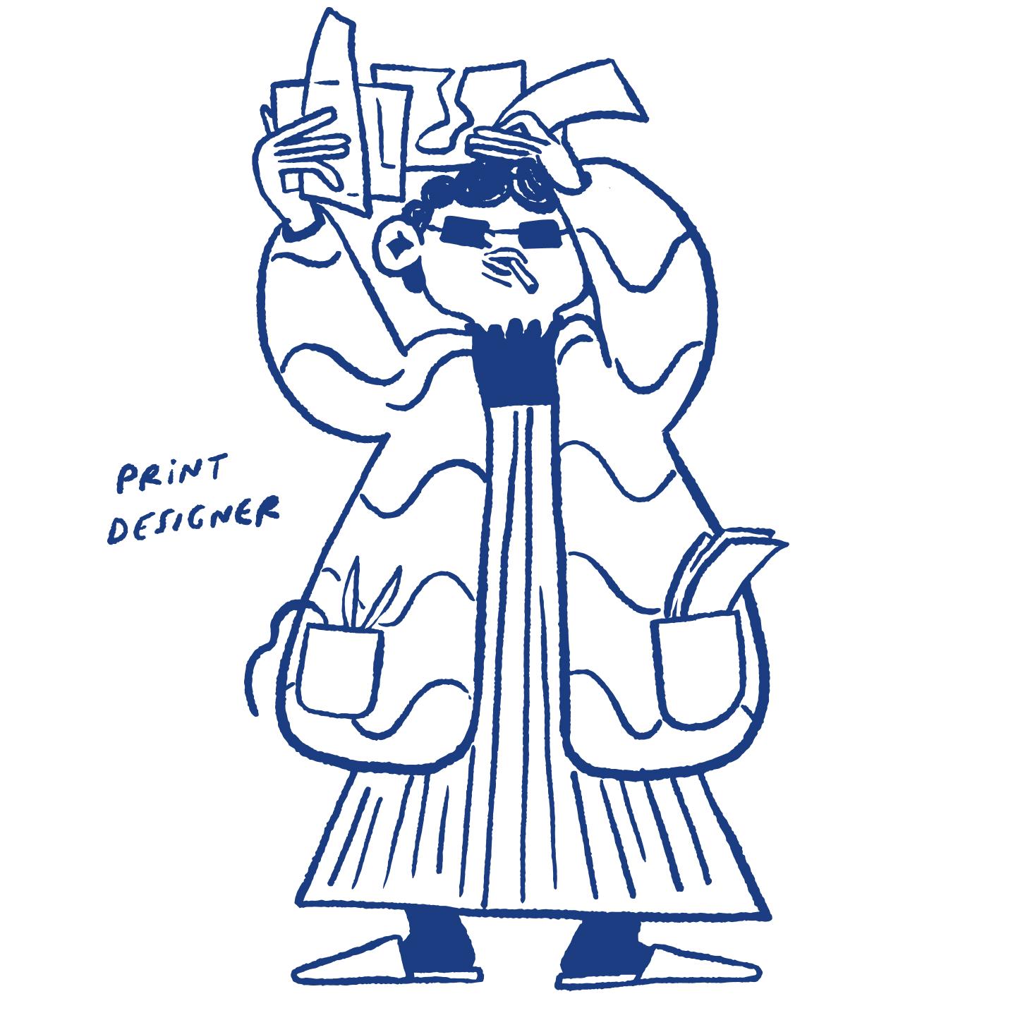 Print Designer figure created by Ulla Donner. Figure has papers in hands, big jacket with full pockets and cigarette in the mouth.