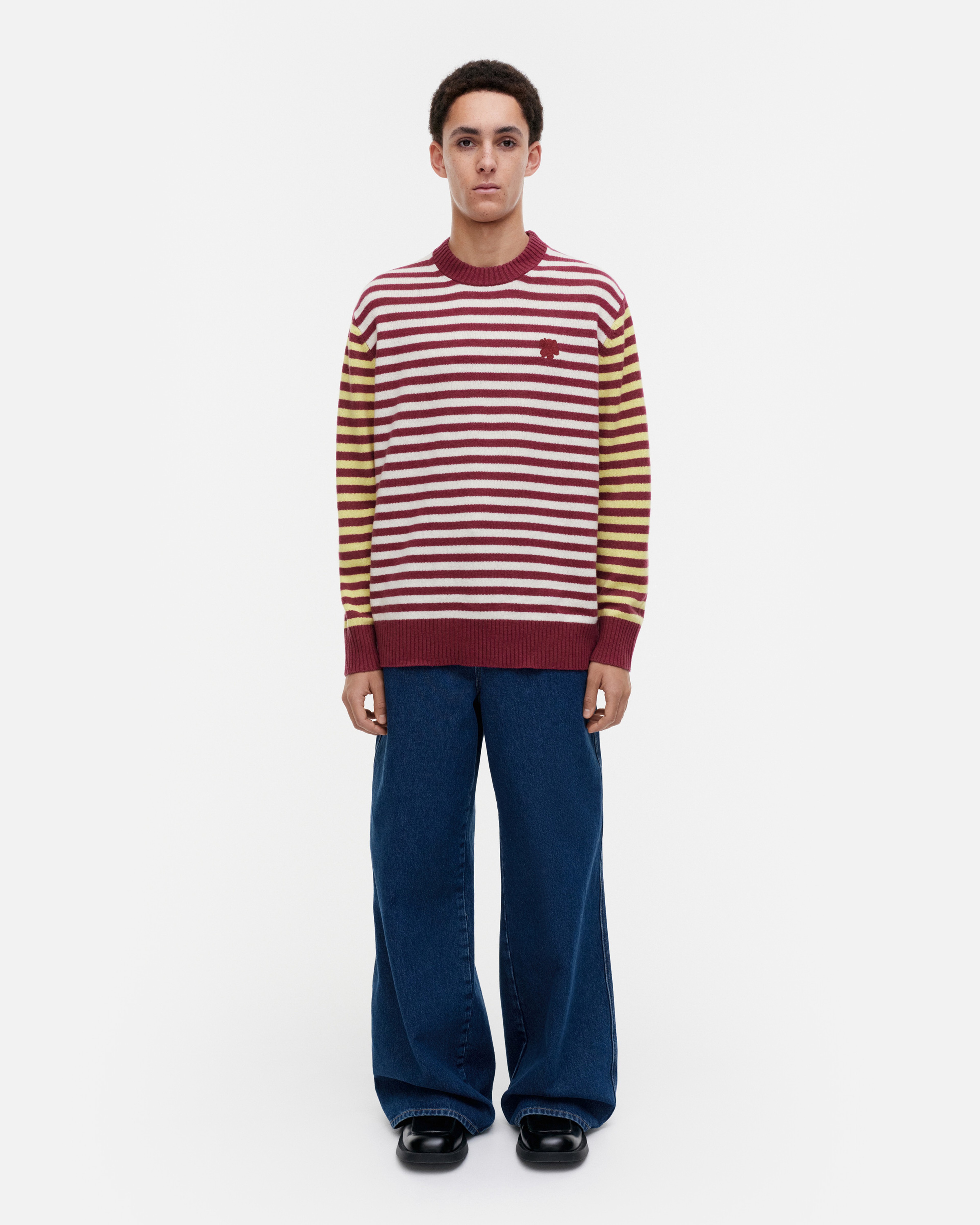 Pehmyt Tasaraita, Kioski wool jumper, wine red, white, yellow,