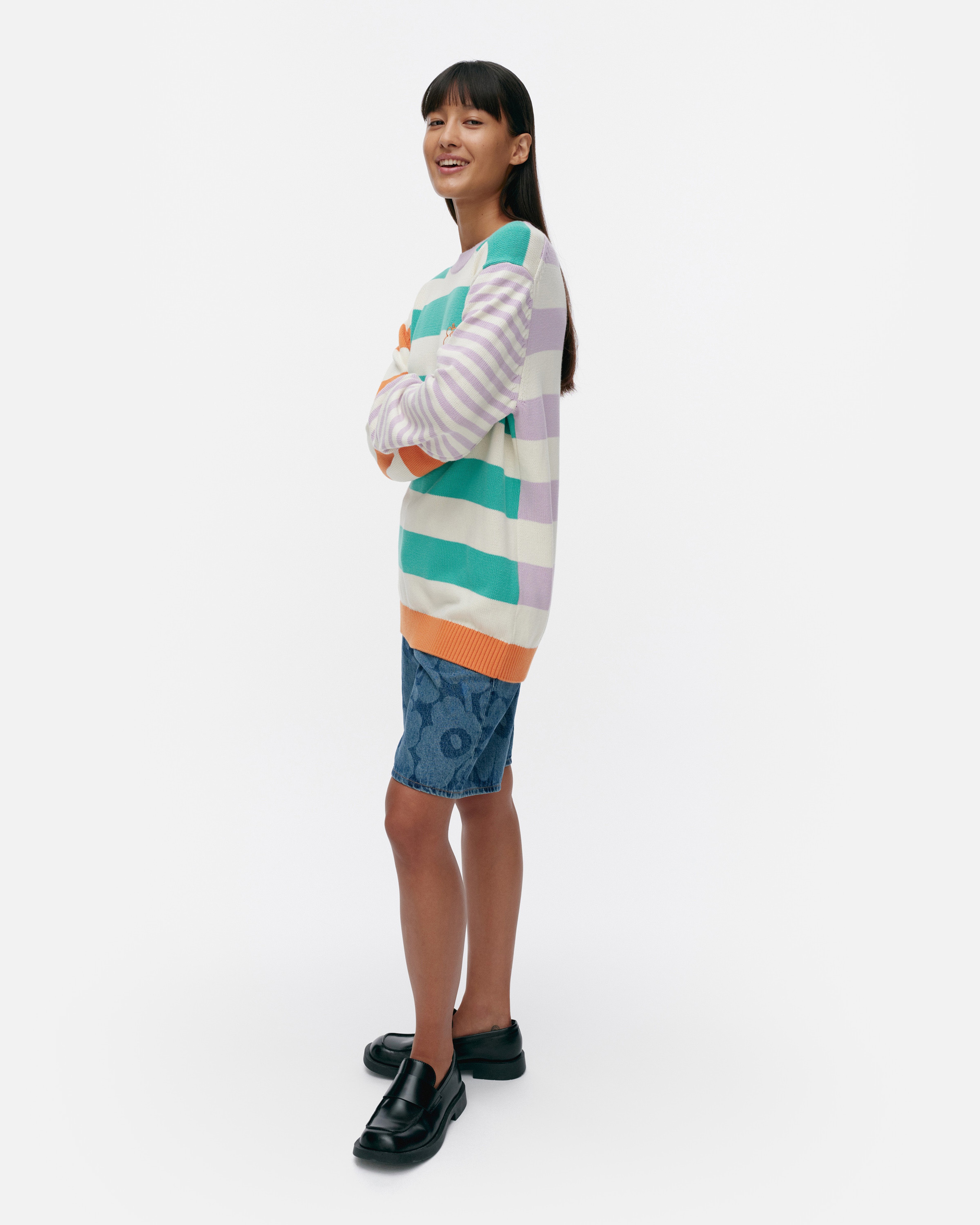 Kesäkoju Maalis Patja, Kioski knitted cotton pullover, off white, green, lilac,