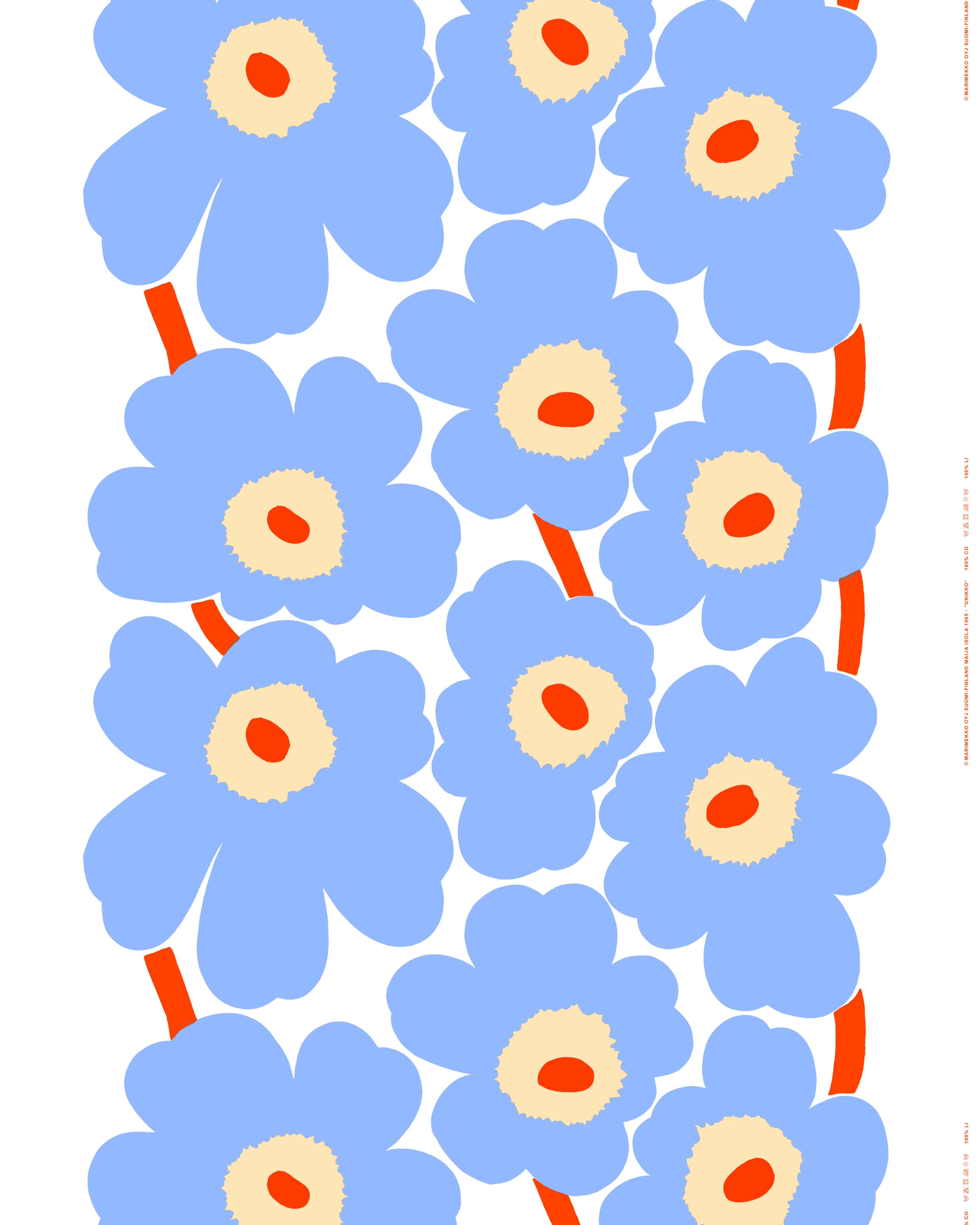 Unikko, Cotton fabric, natural white, l.blue, orangel,