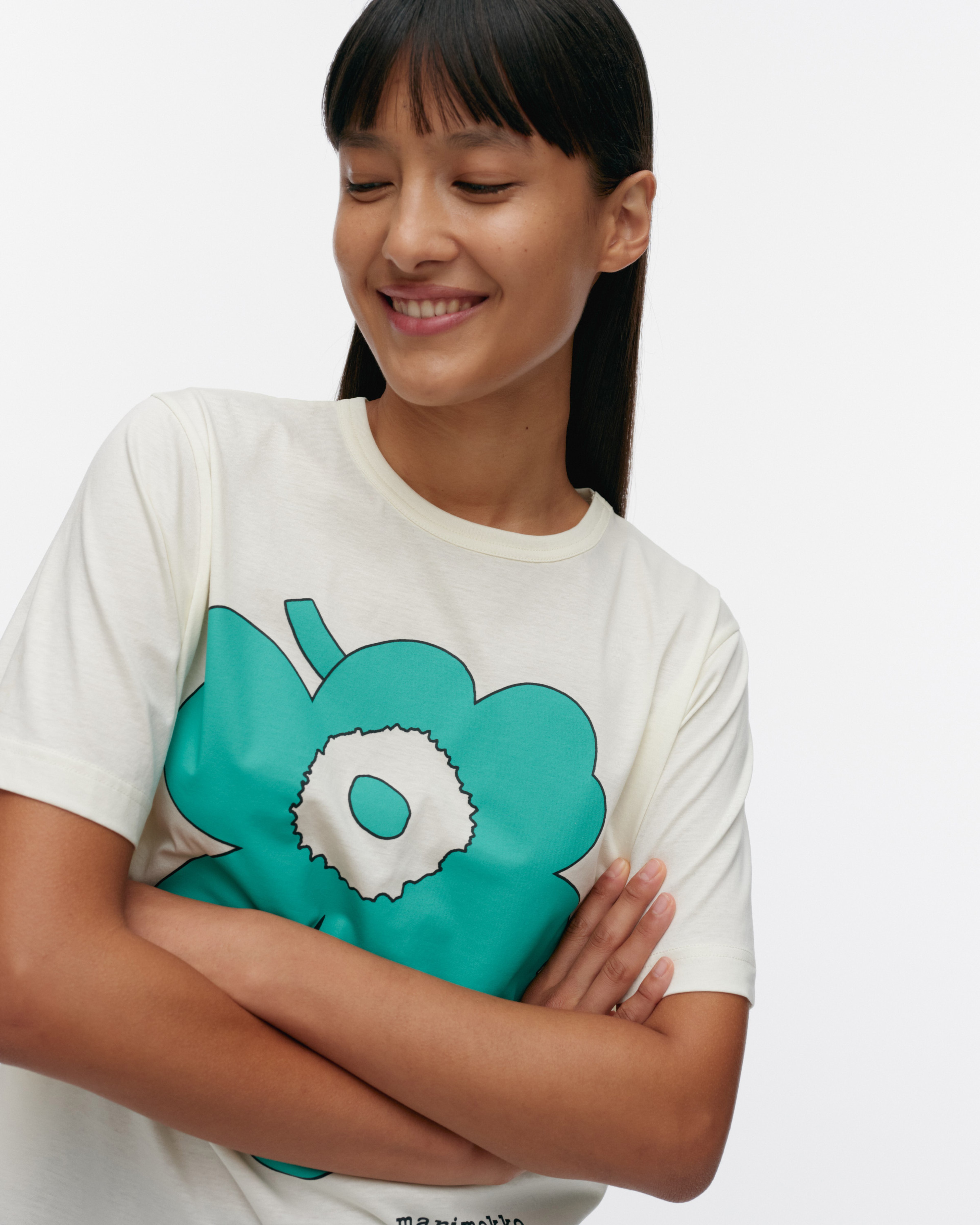 Jakso Piirto Unikko Placement, T-Shirt „Kioski“, Cremeweiß, Türkis, Schwarz,