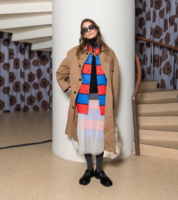 Kathrine Maron wearing Abstraction Gallery shirt jacket and skirt combined with several layers of clothing.