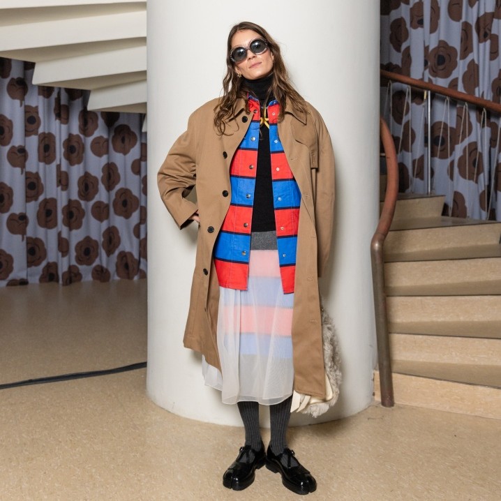 Kathrine Maron wearing Abstraction Gallery shirt jacket and skirt combined with several layers of clothing.