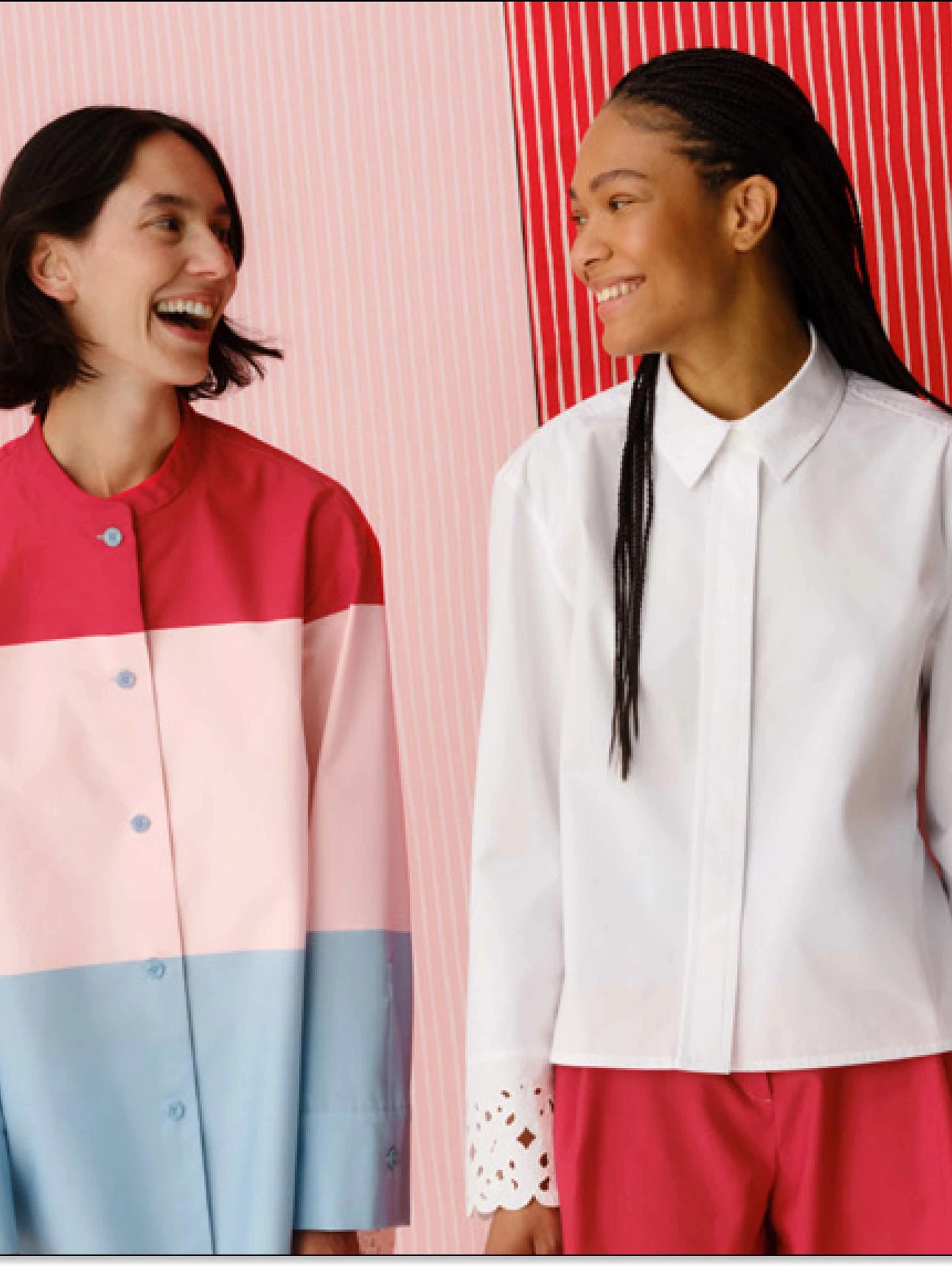 Models wearing a dress in Hennika print and shirt with Keidas embroidery.