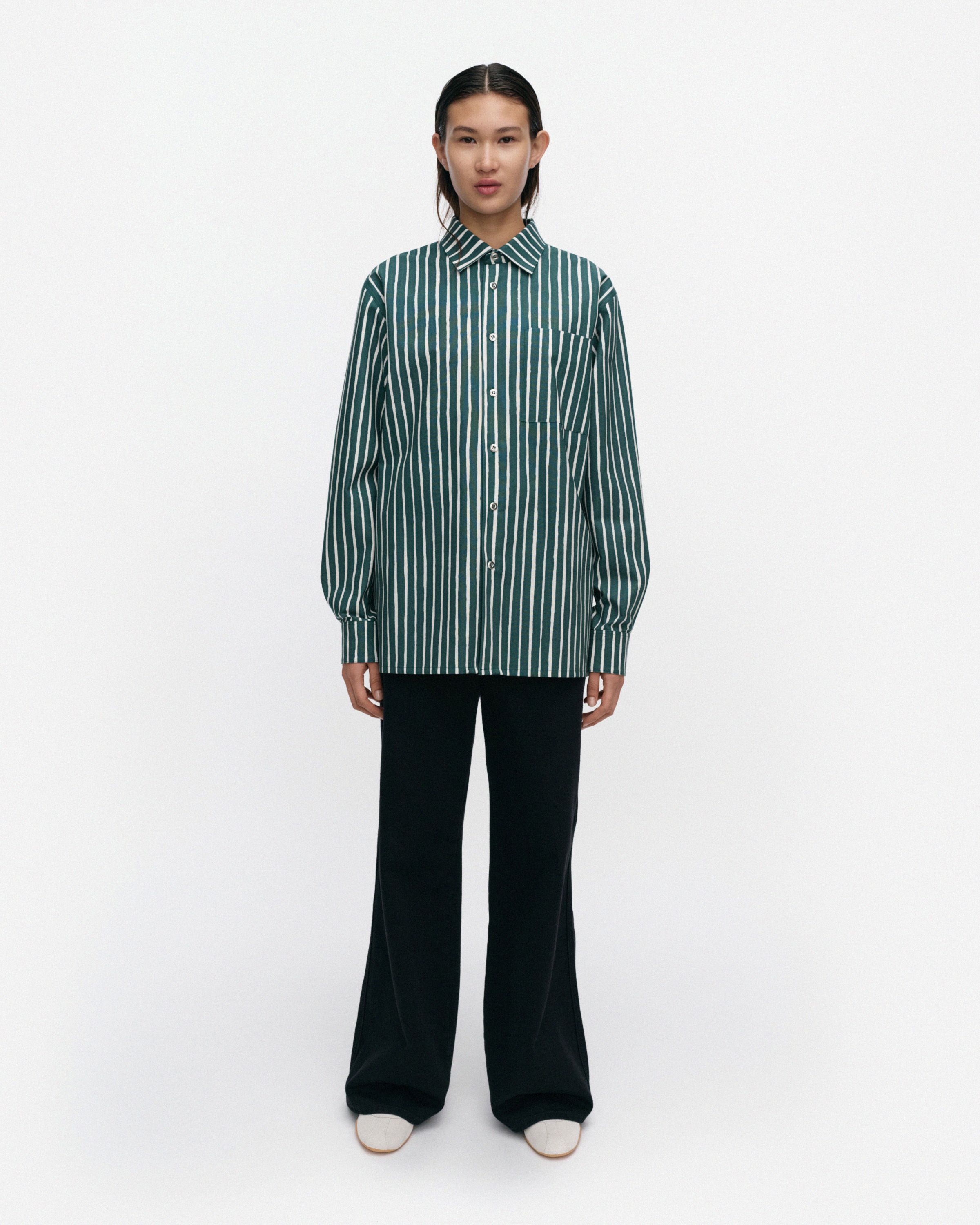 Jokapoika Kioski cotton shirt green, off white | Marimekko