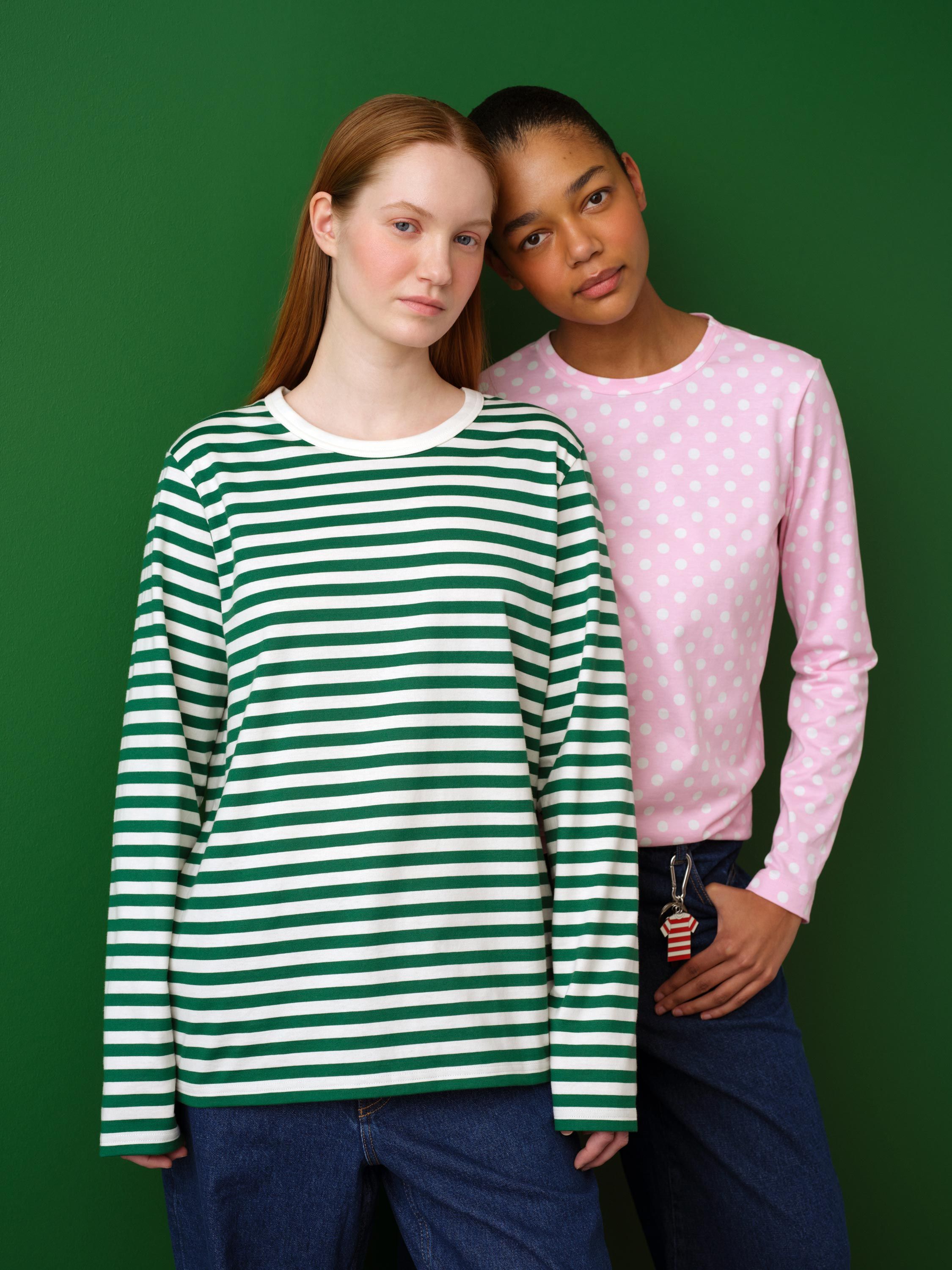 Mallien päällä on pitkähihaiset paidat Tasaraita- ja Pallo-kuoseilla. 