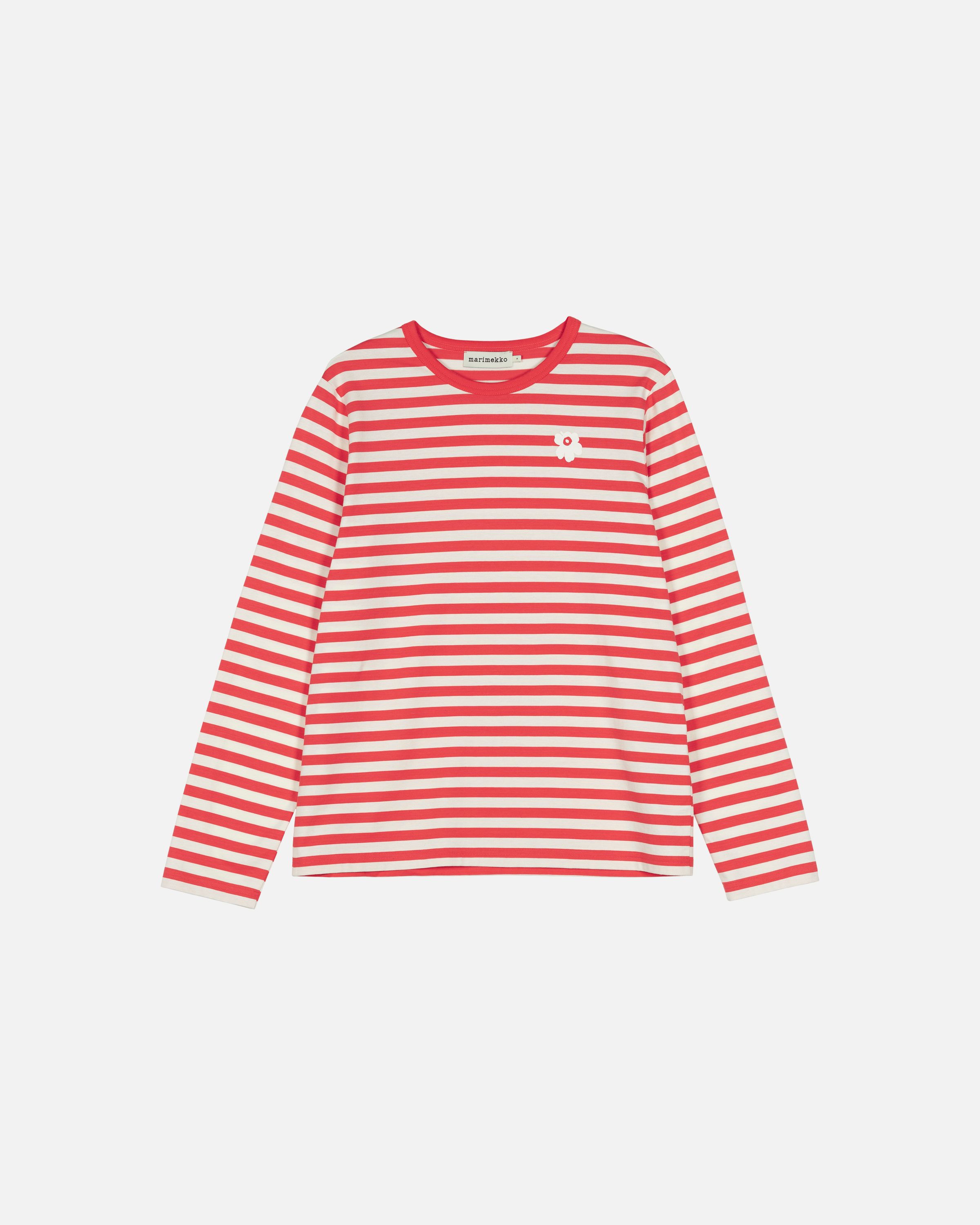 marimekko ストライプ イチゴ 長袖 Tシャツ　xs〜Mサイズ Tasaraita Unikko Kioski jersey shirt red, off white | Marimekko