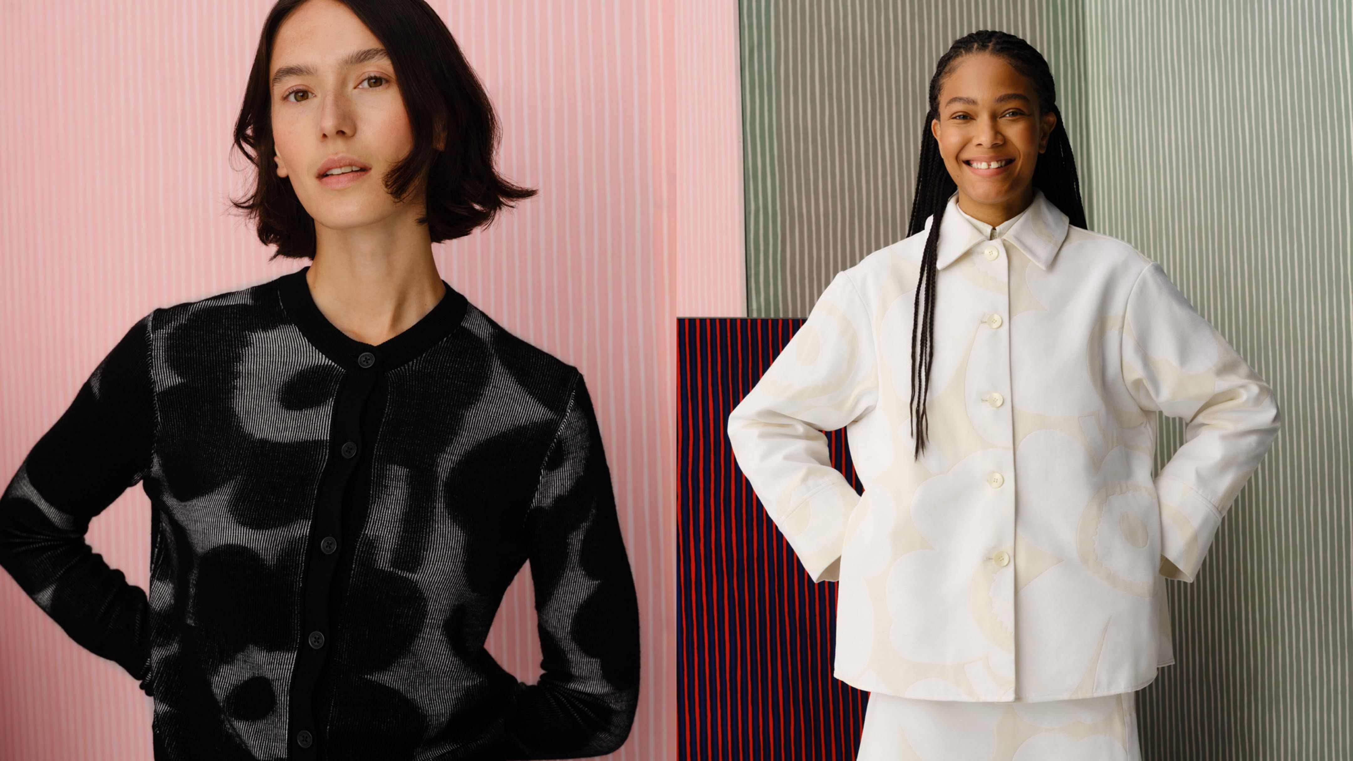 The models are wearing a Unikko sweater and a Ladonta jacket in Unikko pattern in two different pictures.