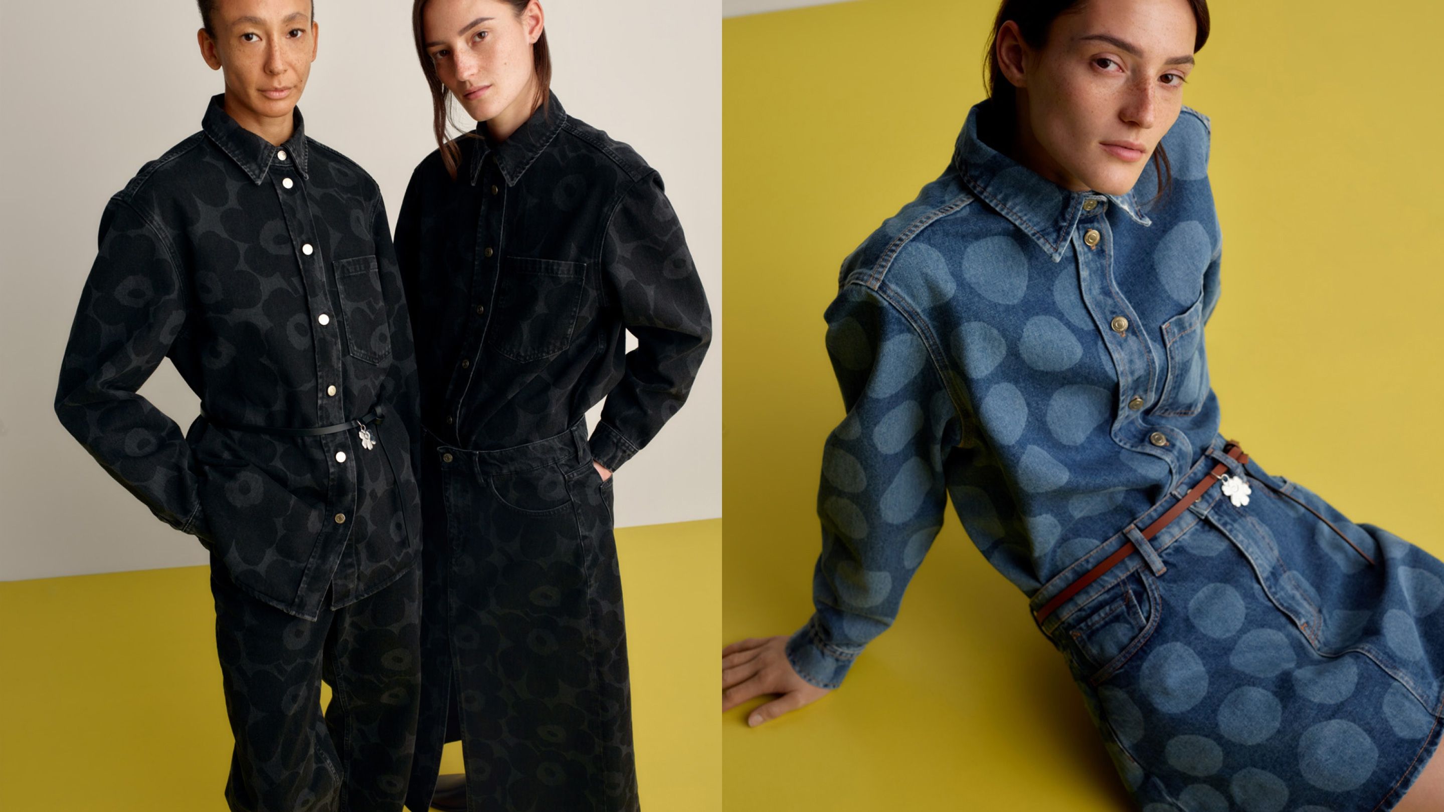 Models wearing Maridenim Vaihe shirts, Maridenim jeans and a denim skirt in Unikko and Petrooli prints.