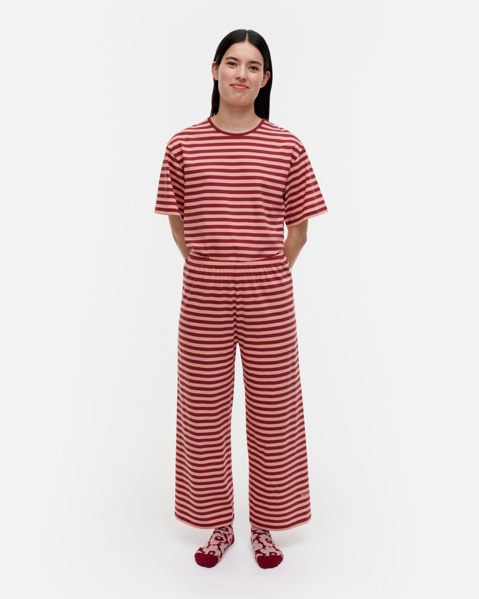 Kioski Reunus Tasaraita Light, Jersey pants, wine red, peach,