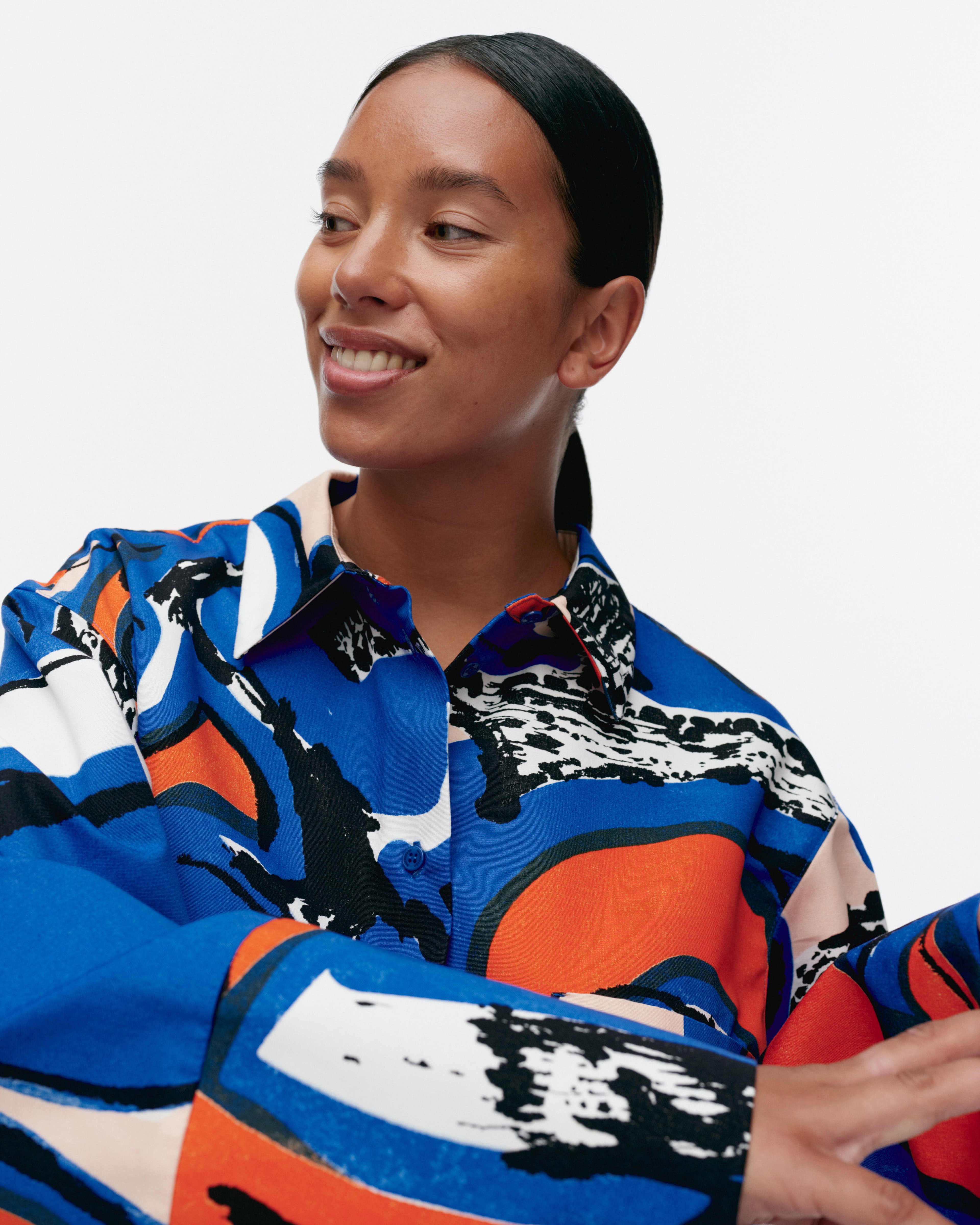 Kukkavera Eldfamn, Cotton shirt, blue, peach, orange,