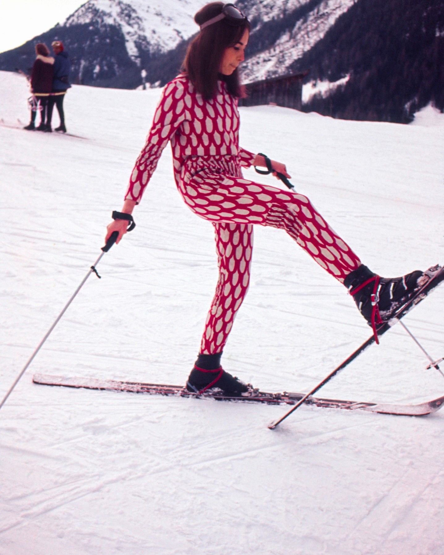 Photo by Tony Vaccaro of a model skiing in Marimekko clothing.