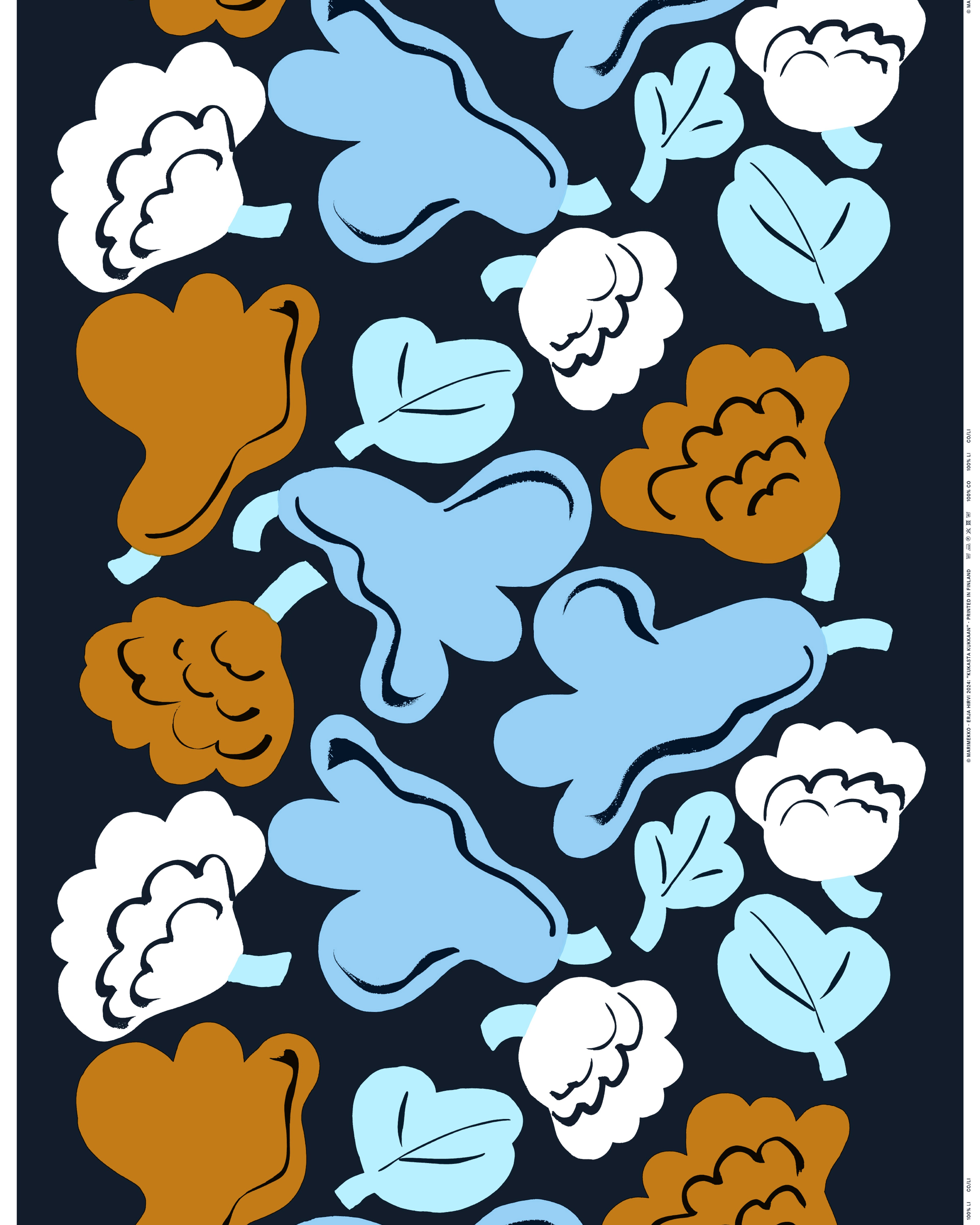 Kukasta kukkaan, Cotton fabric, ink, forget-me-not, bronze,