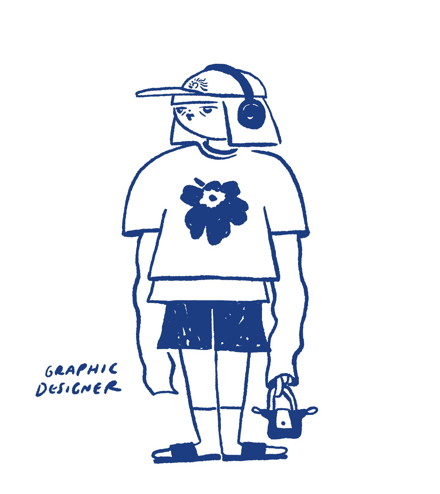 Figure of graphic designer created by Ulla Donner. Figure has headphones on, cap, t-shirt with Unikko pattern and shorts.