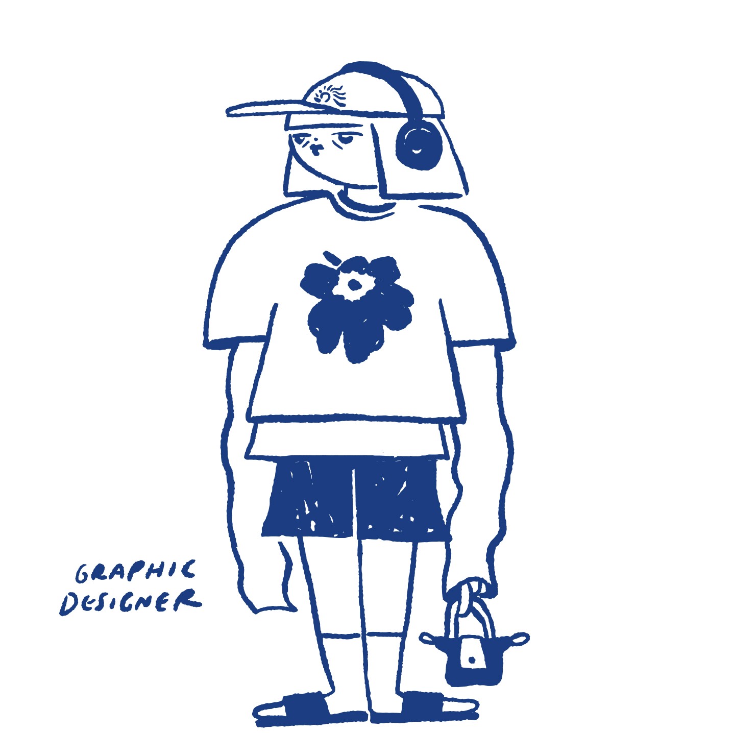 Figure of graphic designer created by Ulla Donner. Figure has headphones on, cap, t-shirt with Unikko pattern and shorts.