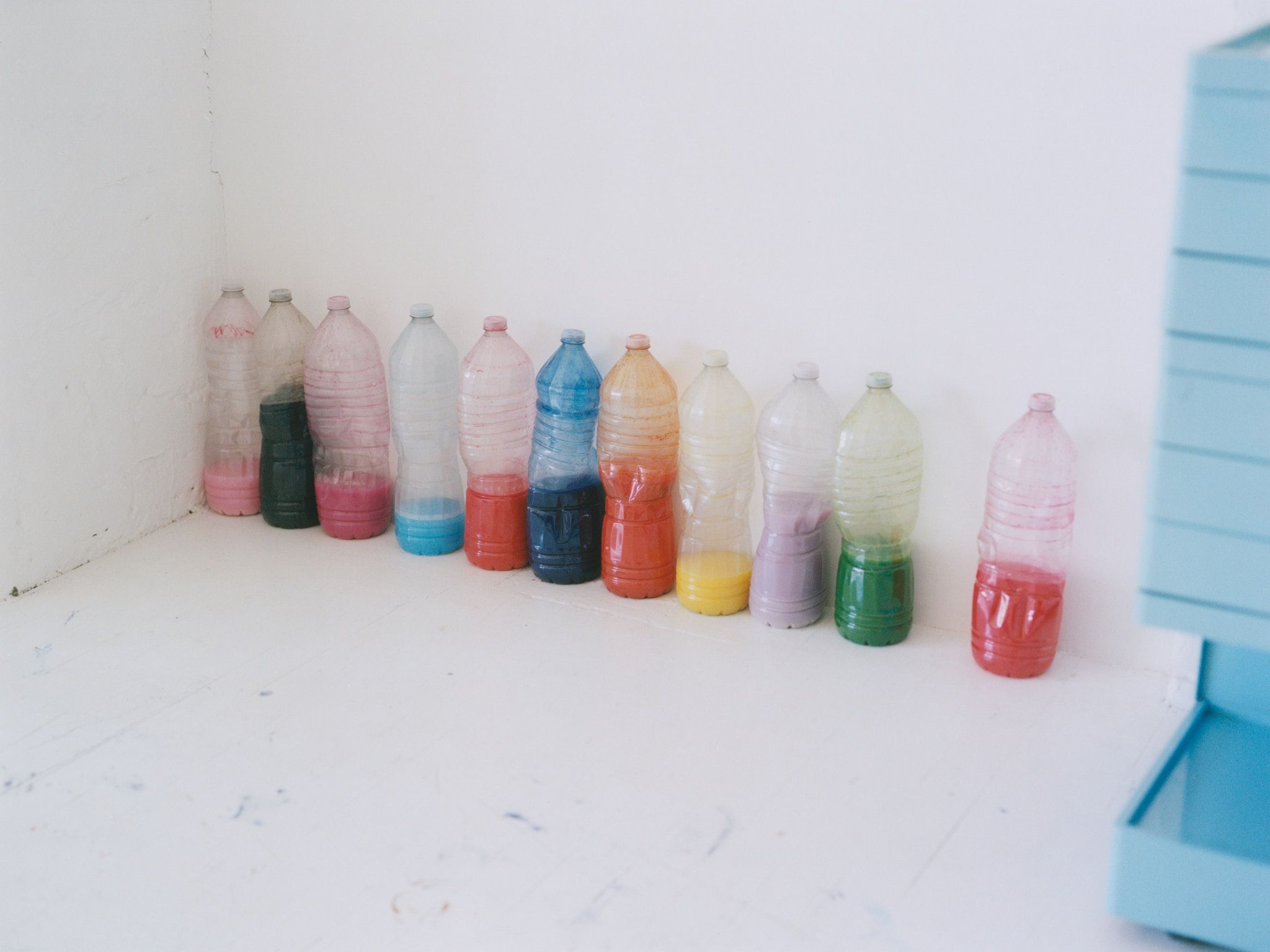 Paint bottles in Landon Metz&#x27; studio.