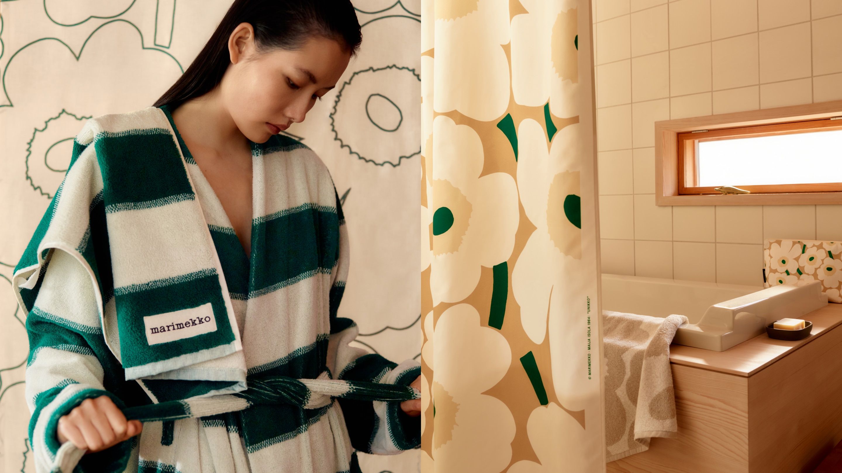 First photo: Model wearing a green and white Galleria-print terry bathrobe with a matching towel over her shoulder. Second: Unikko bath items.