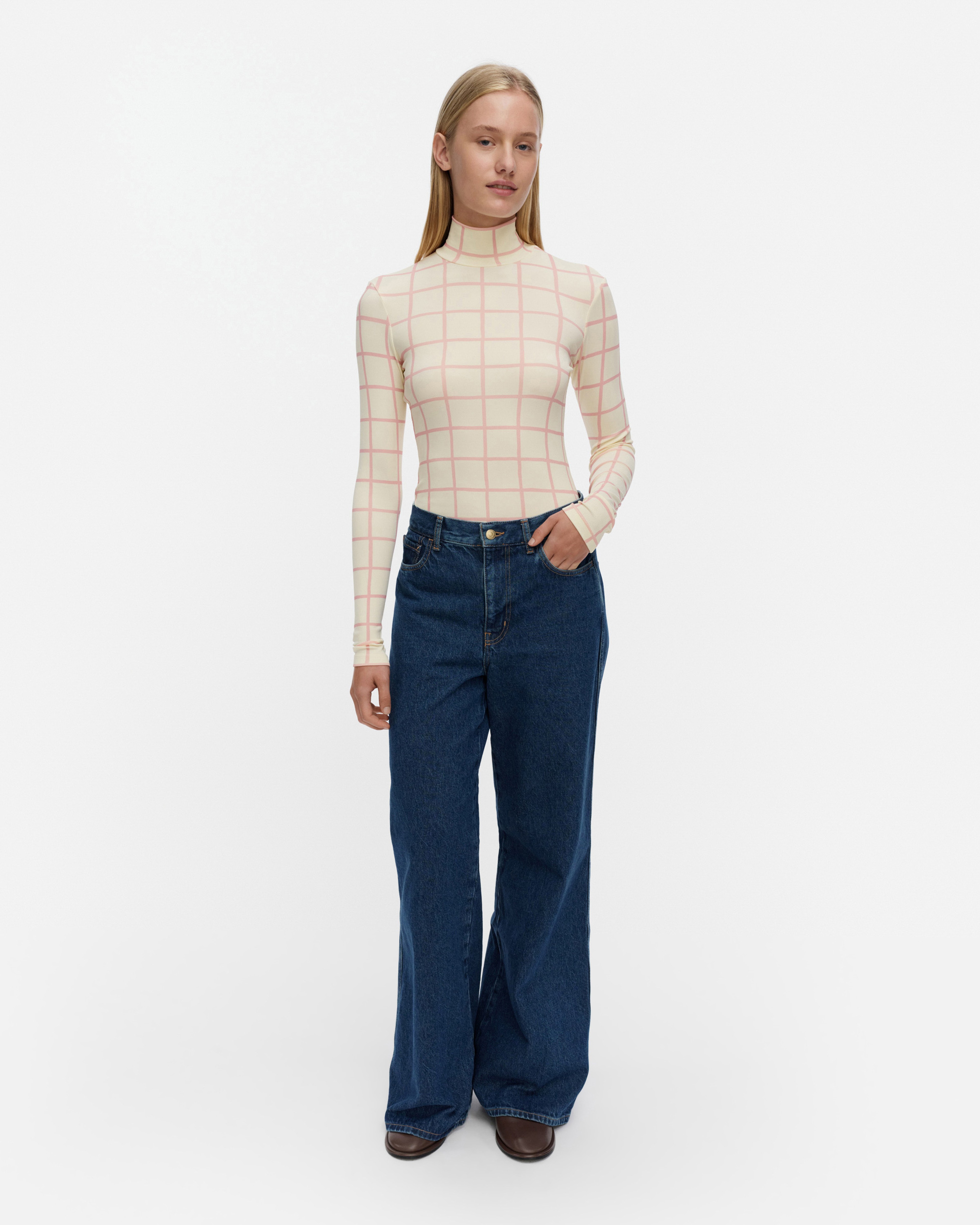 Solmia Iso Ruutu, Turtleneck shirt, light yellow, light pink,