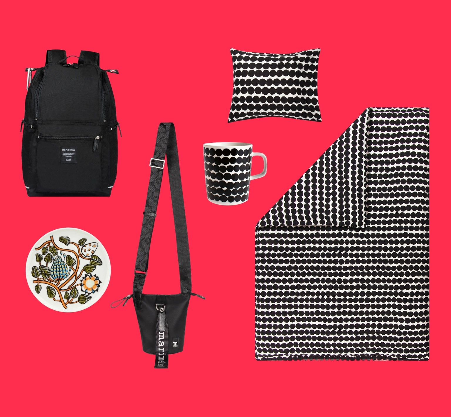 Kollaasi Black Buddy -repusta, Black Essential Bucket -crossbody-laukusta, Oiva Tiara -lautasesta, Oiva Räsymatto -mukista ja Räsymatto-lakanoista.