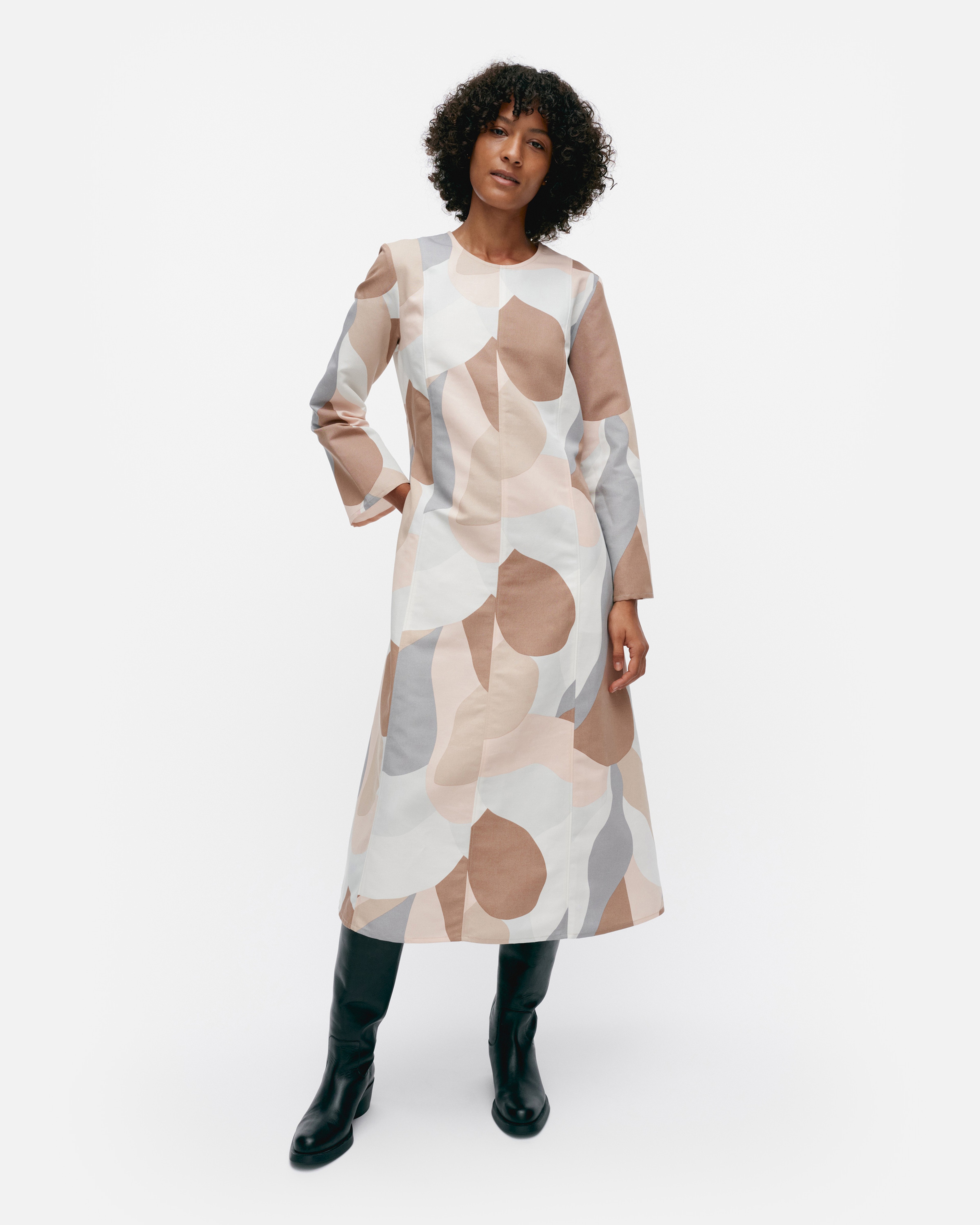 Loituma Kamelia, Puuvillapellavamekko, vaaleanroosa, ruskea, harmaa,