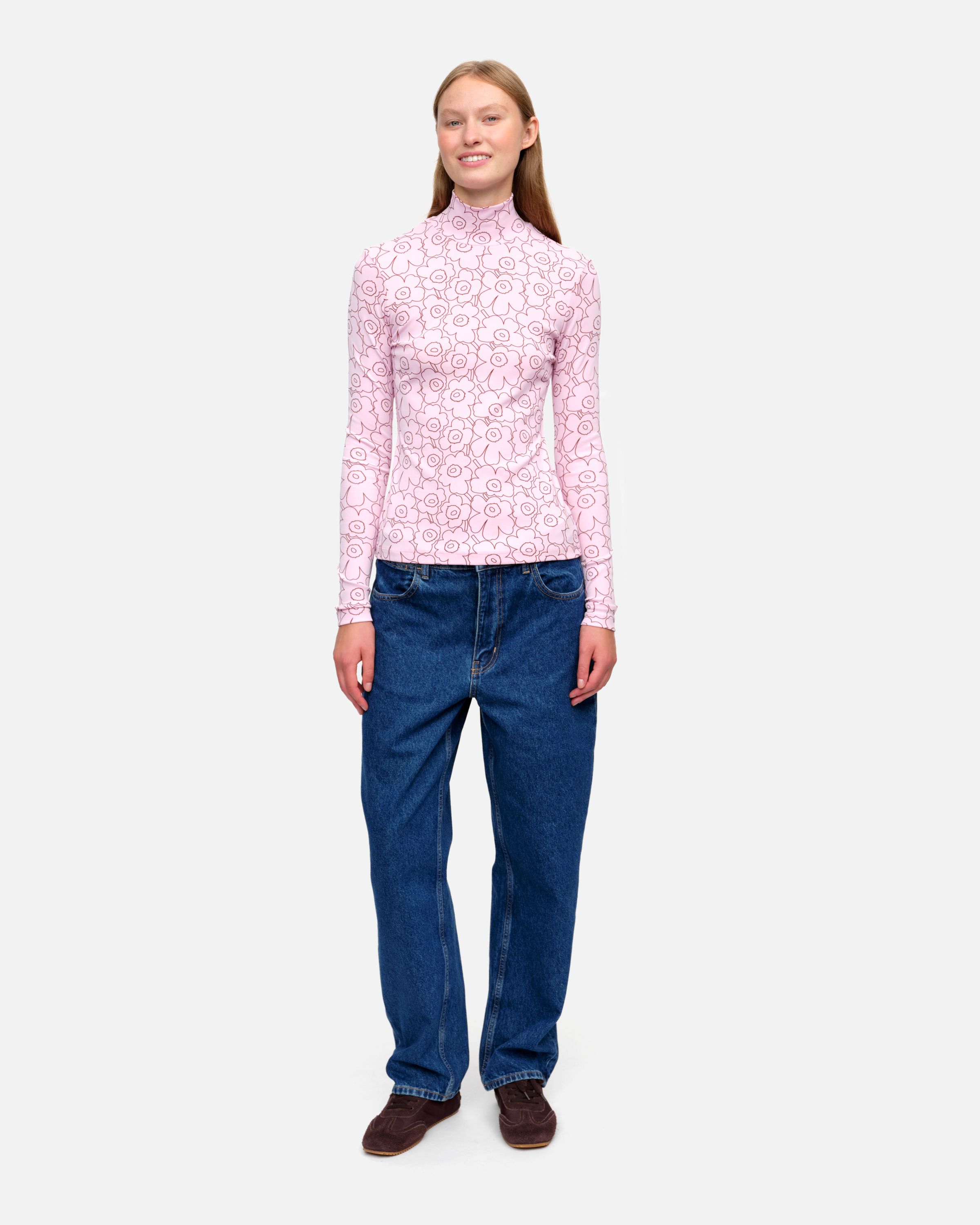 marimekko ストライプ イチゴ 長袖 Tシャツ　xs〜Mサイズ Solmia Piirto Unikko turtleneck shirt light pink, wine red | Marimekko