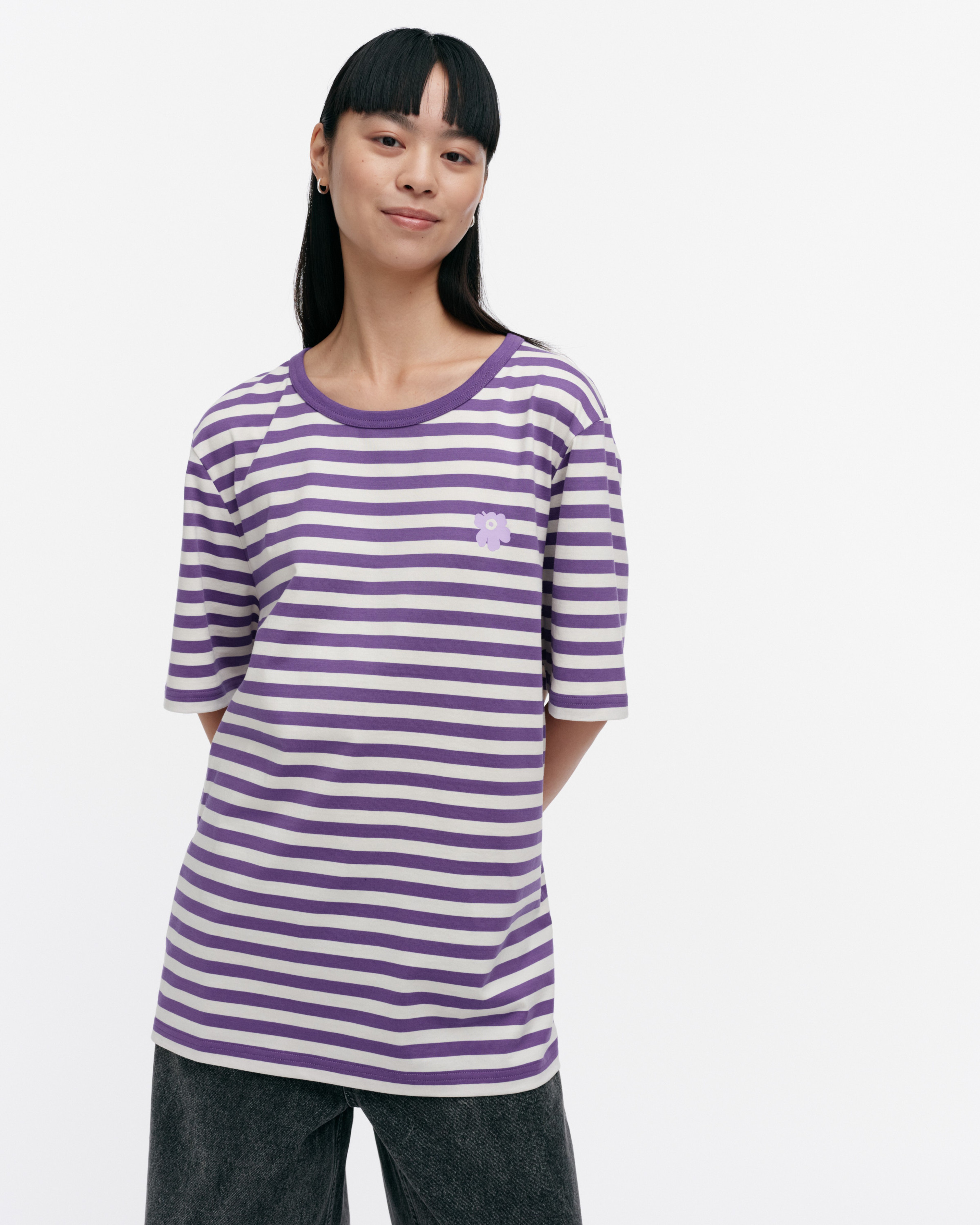 Tasaraita Unisex Unikko, Kioski t-shirt, purple, off white,