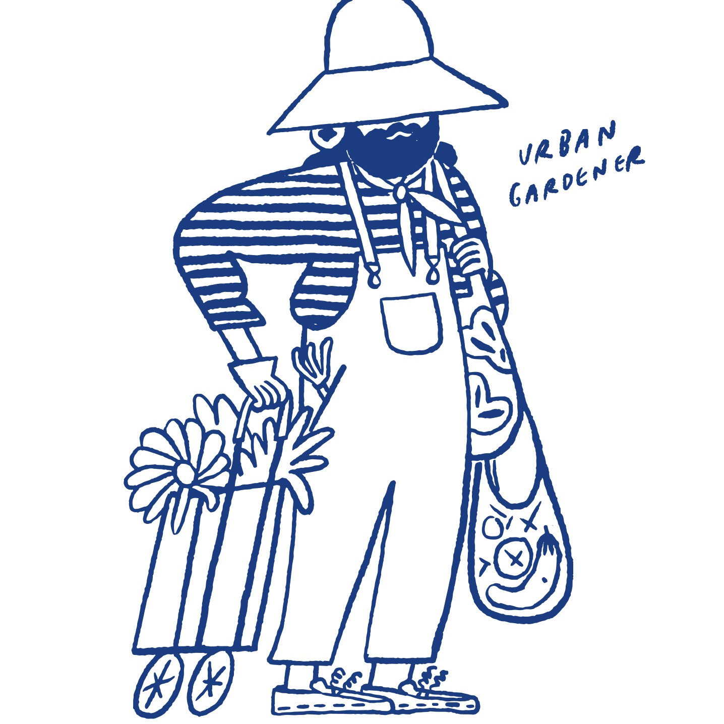 Urban Gardener figure created by Ulla Donner. Figure has Tasaraita shirt, bags full of flowers and fruits plus a big hat.