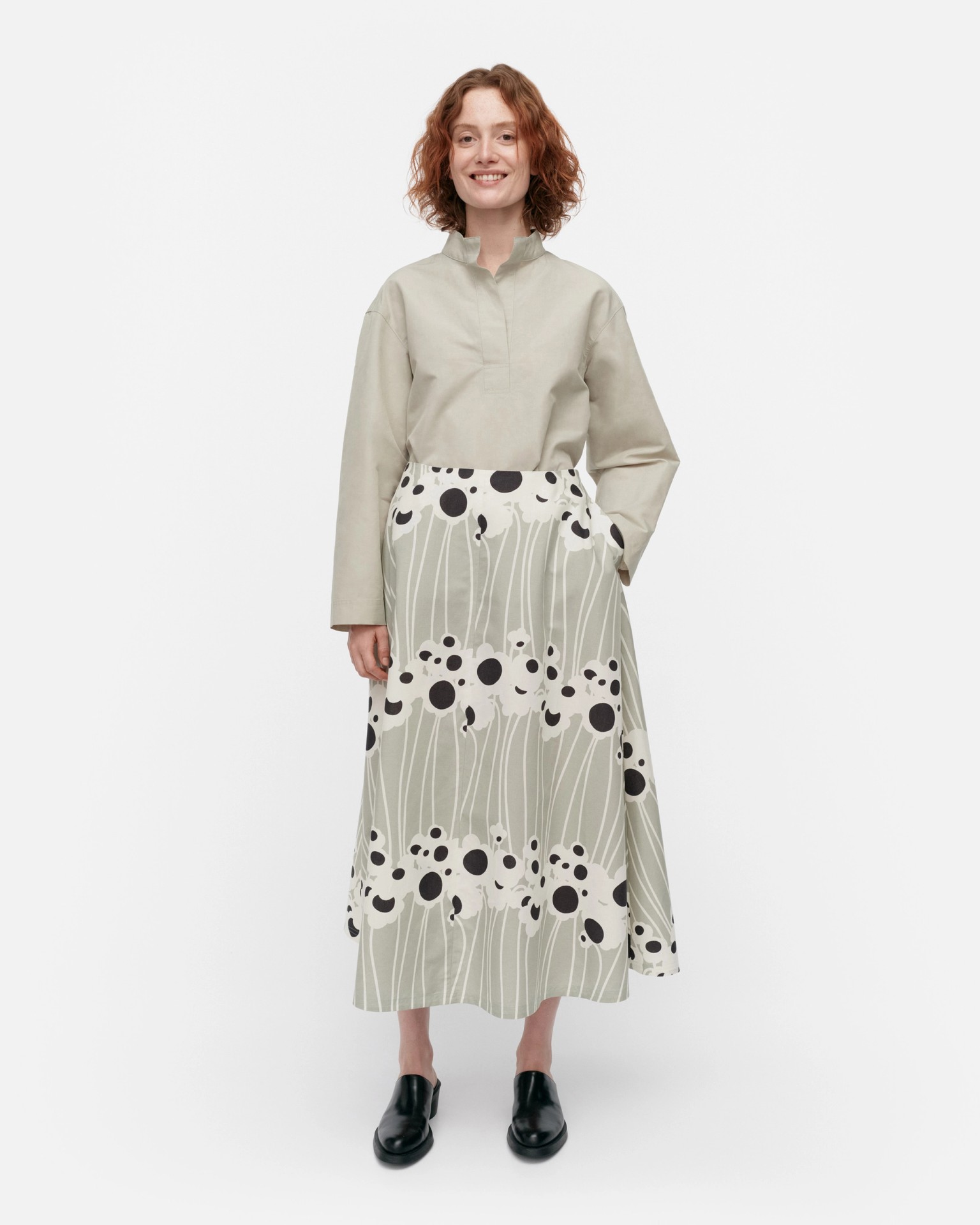 Stasia Lammet, Cotton linen skirt, greyish green, white, dk. grey,