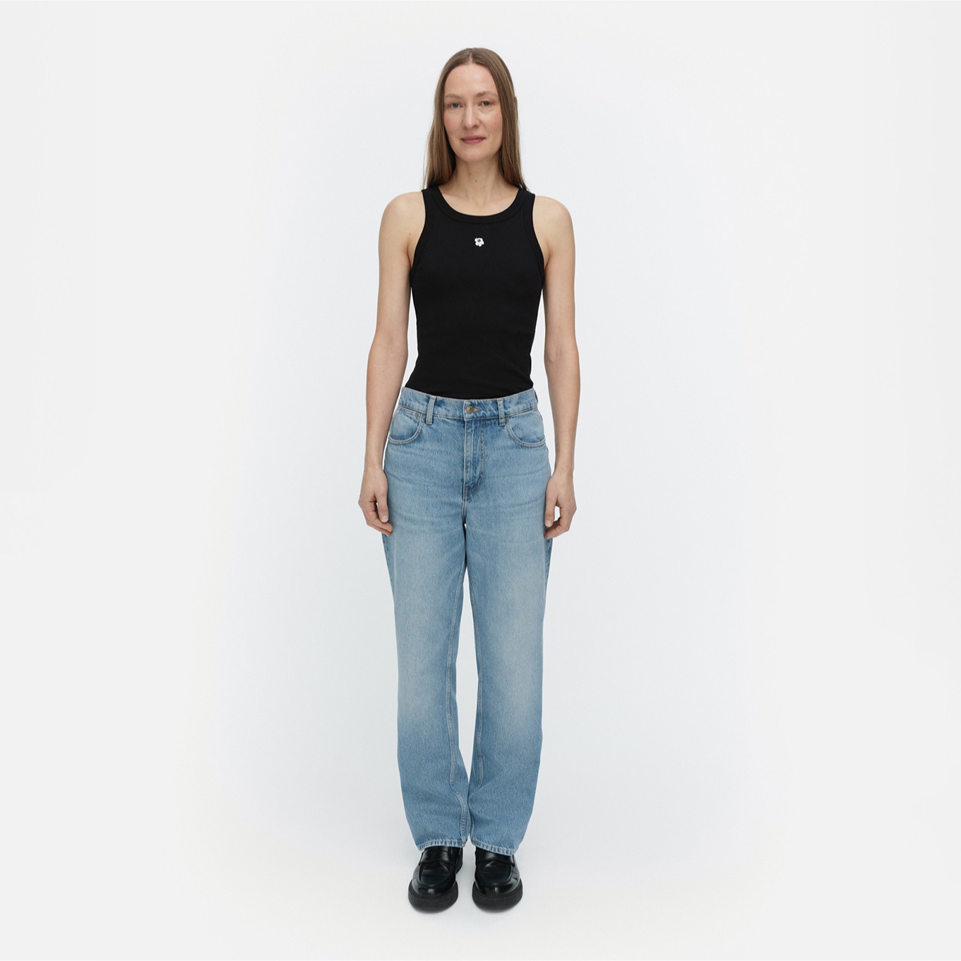 Model wearing blue colored Maridenim Straight jeans