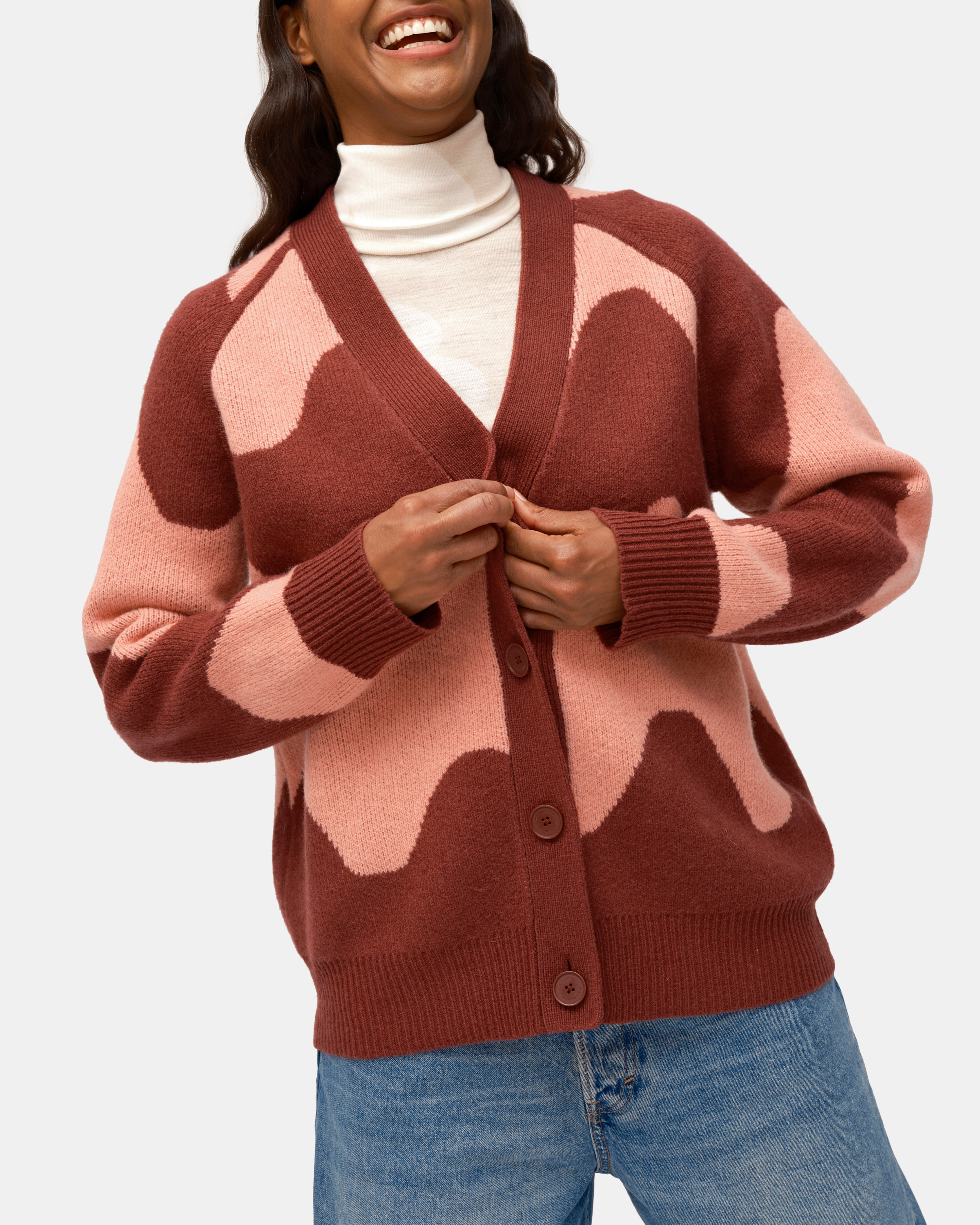 Ynja Lokki, Knitted wool cardigan, pink, dark red,