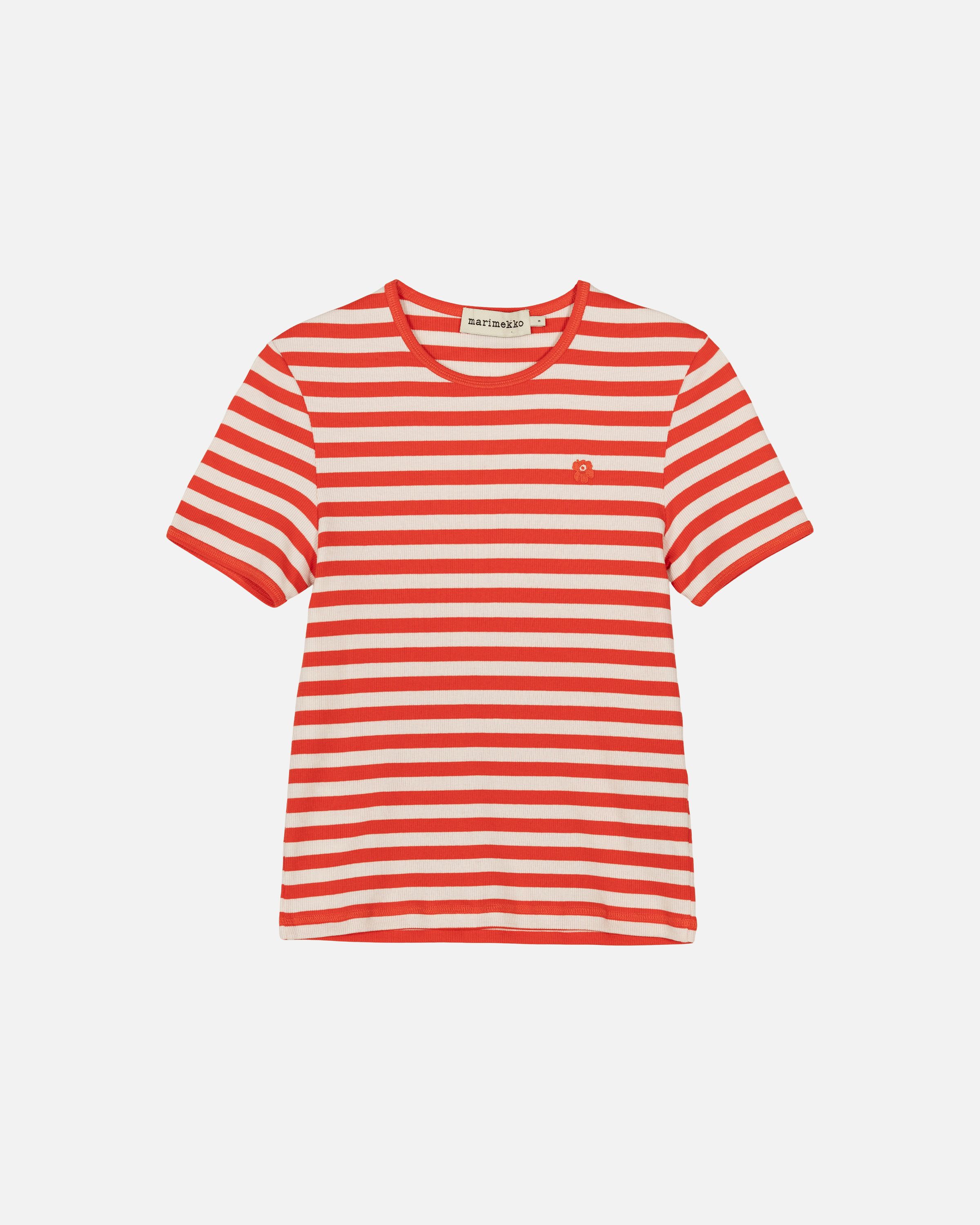 Kukkea Tasaraita Unikko Kioski t-shirt red, off white | Marimekko