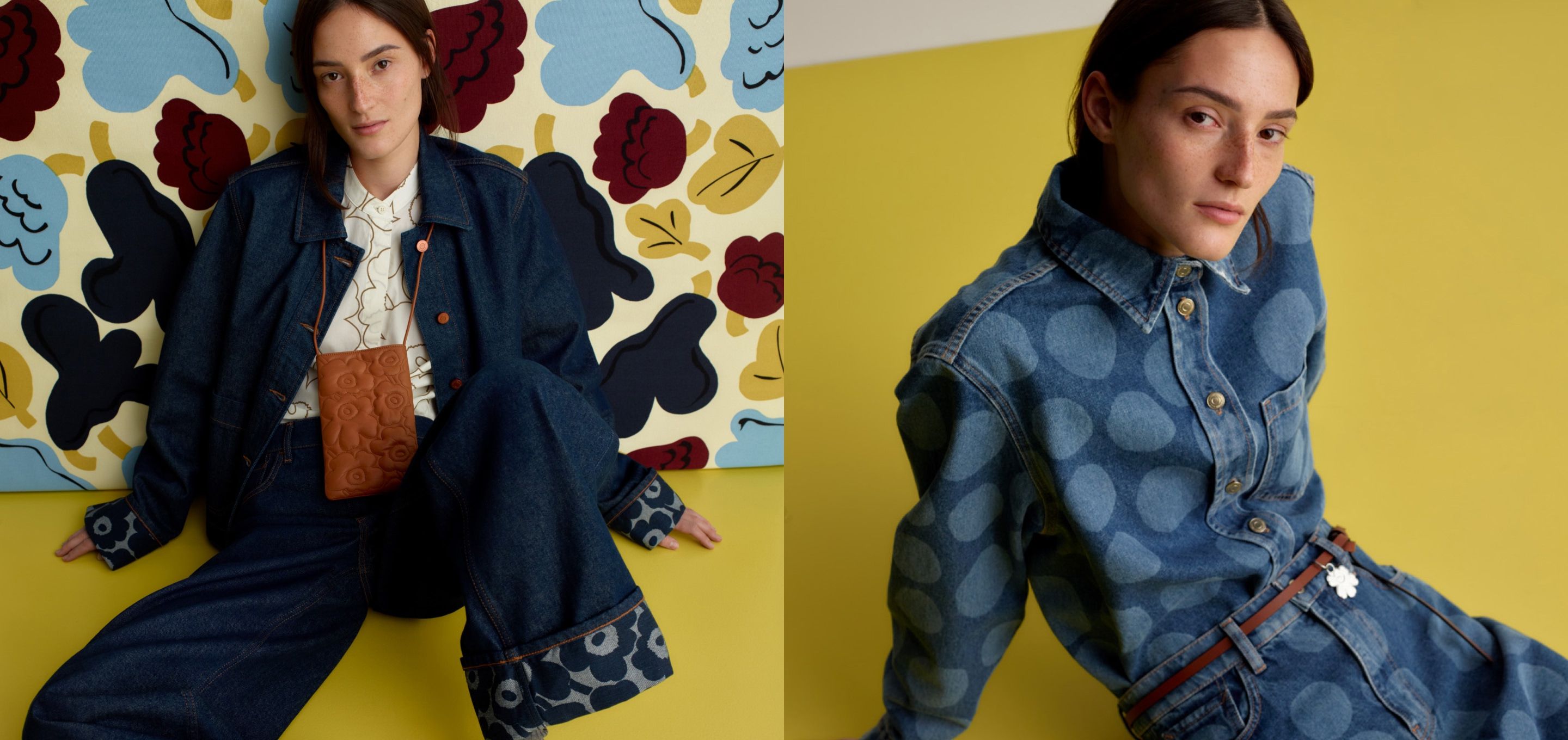 Models wearing Maridenim Käänteet shirts, Maridenim jeans and a denim skirt in Mini Unikko and Petrooli prints.