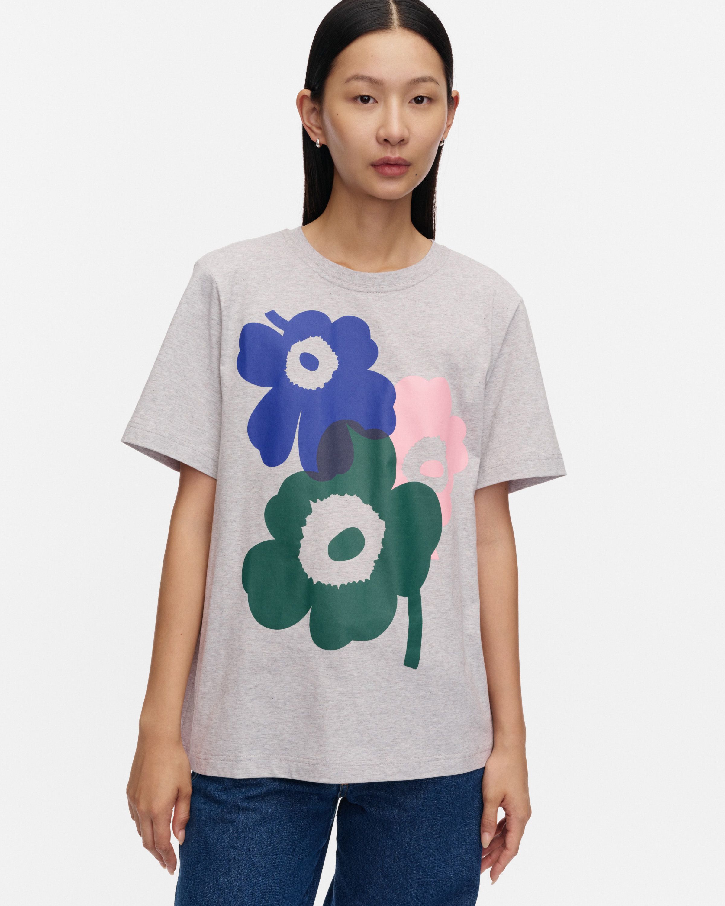 Embla Unikko placement Kioski t-shirt grey mel., d. green, l. pink