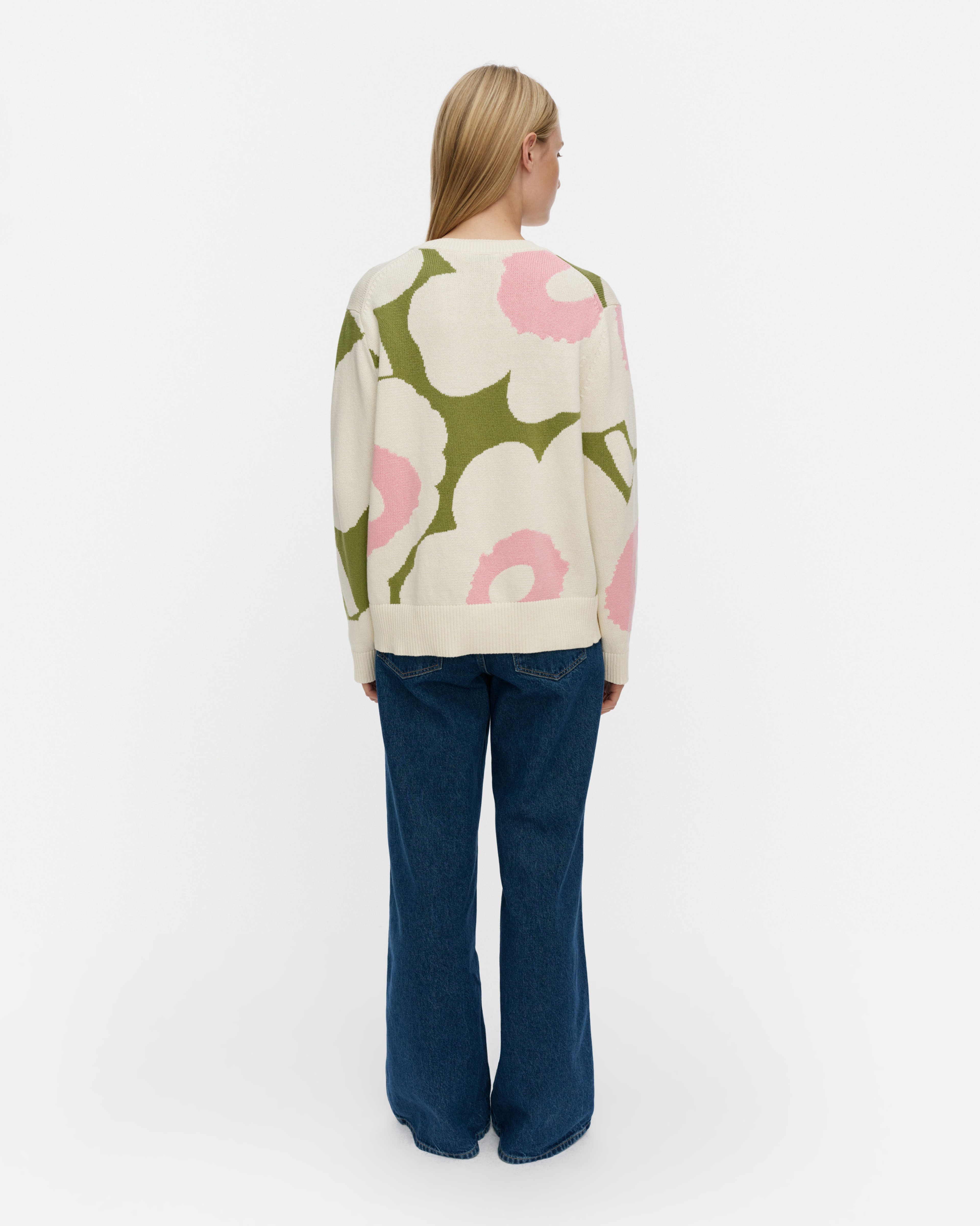 Päivä Unikko, Knitted pullover, off white, green, pink,