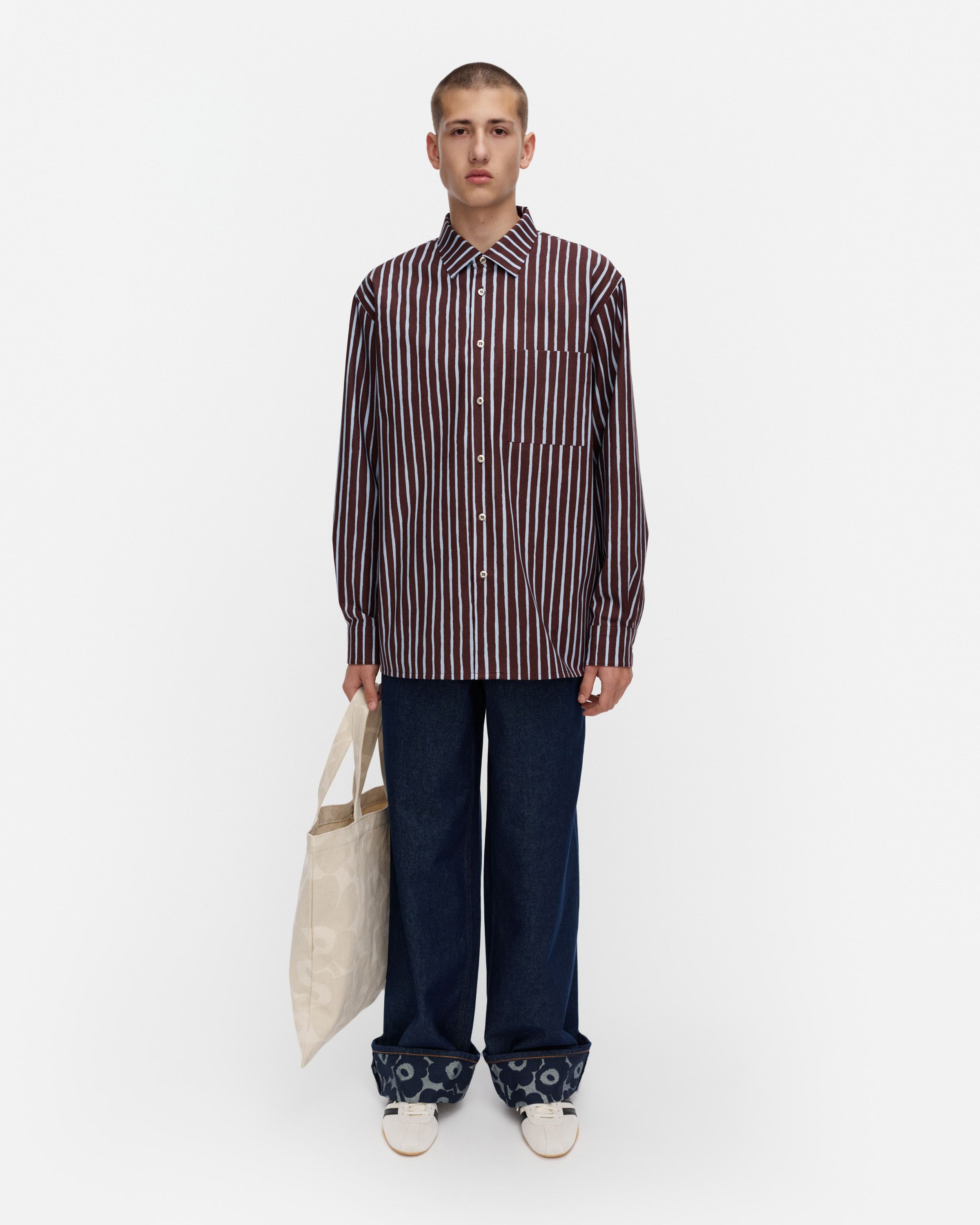 Jokapoika Kioski cotton shirt brown, light blue | Marimekko