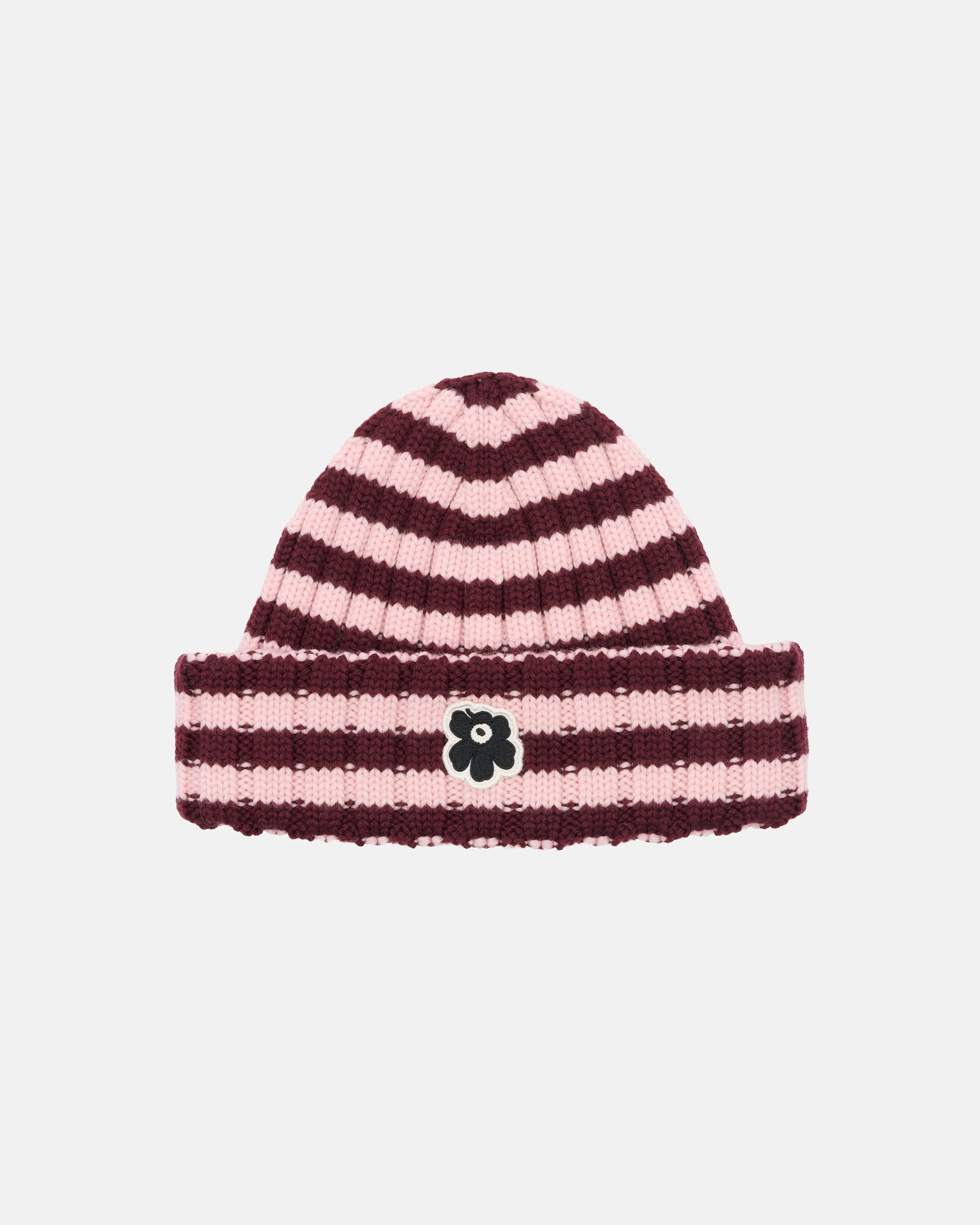 Improvisaatio Tasaraita Kioski beanie light pink, dark wine red