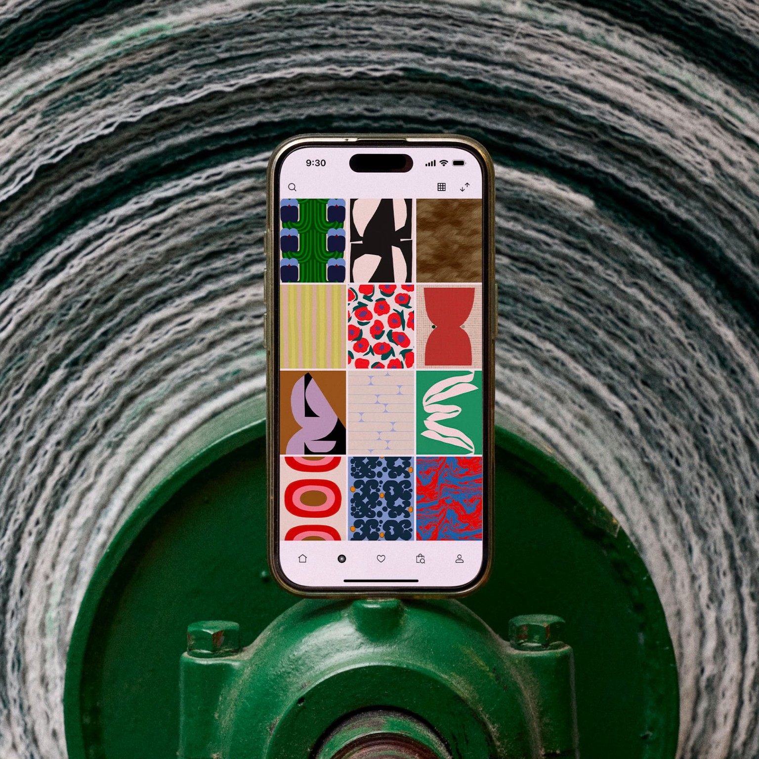 A phone with the print library open in the Marimekko app.