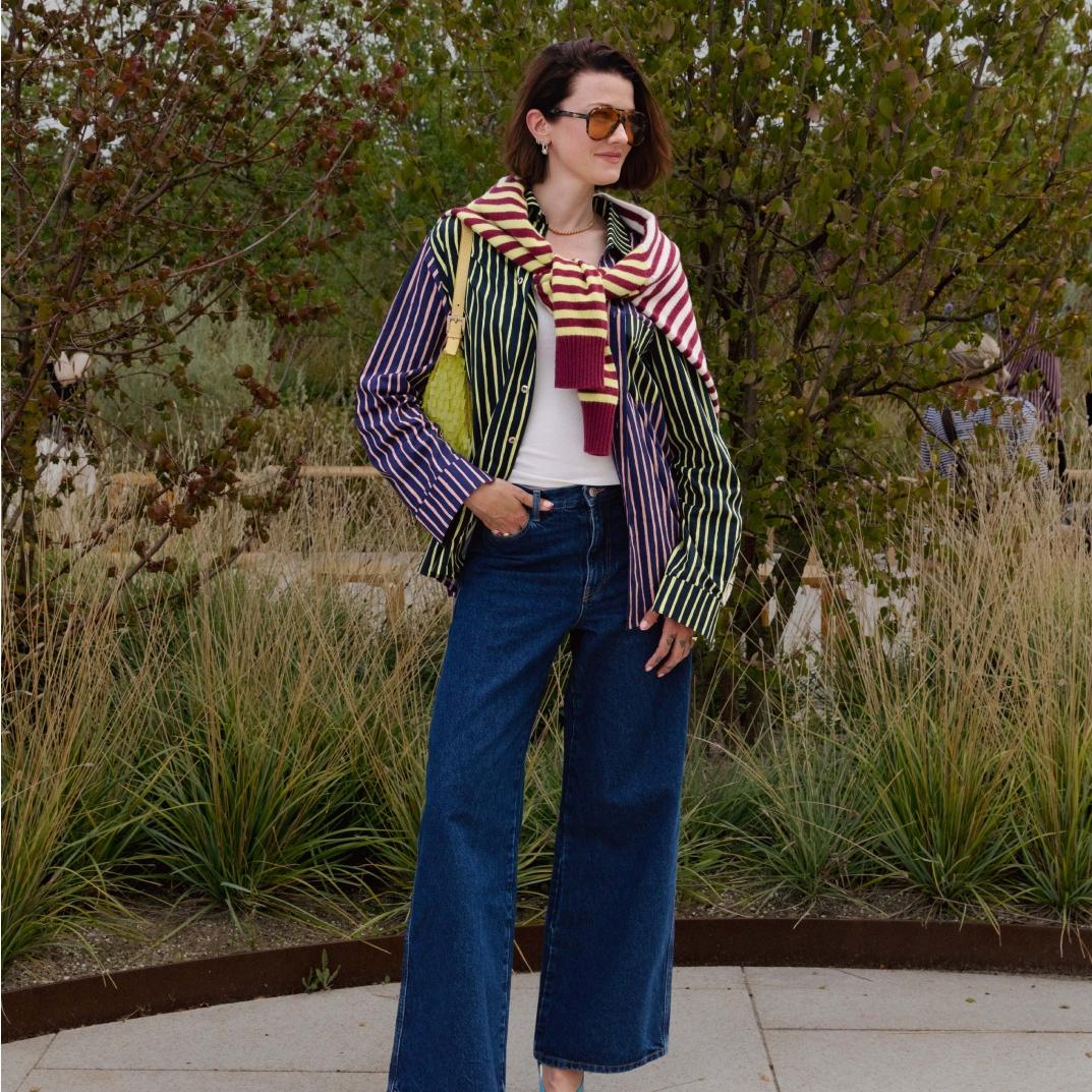 Marianne Theodorsen wearing Maridenim jeans, Jokapoika shirt and striped knit.