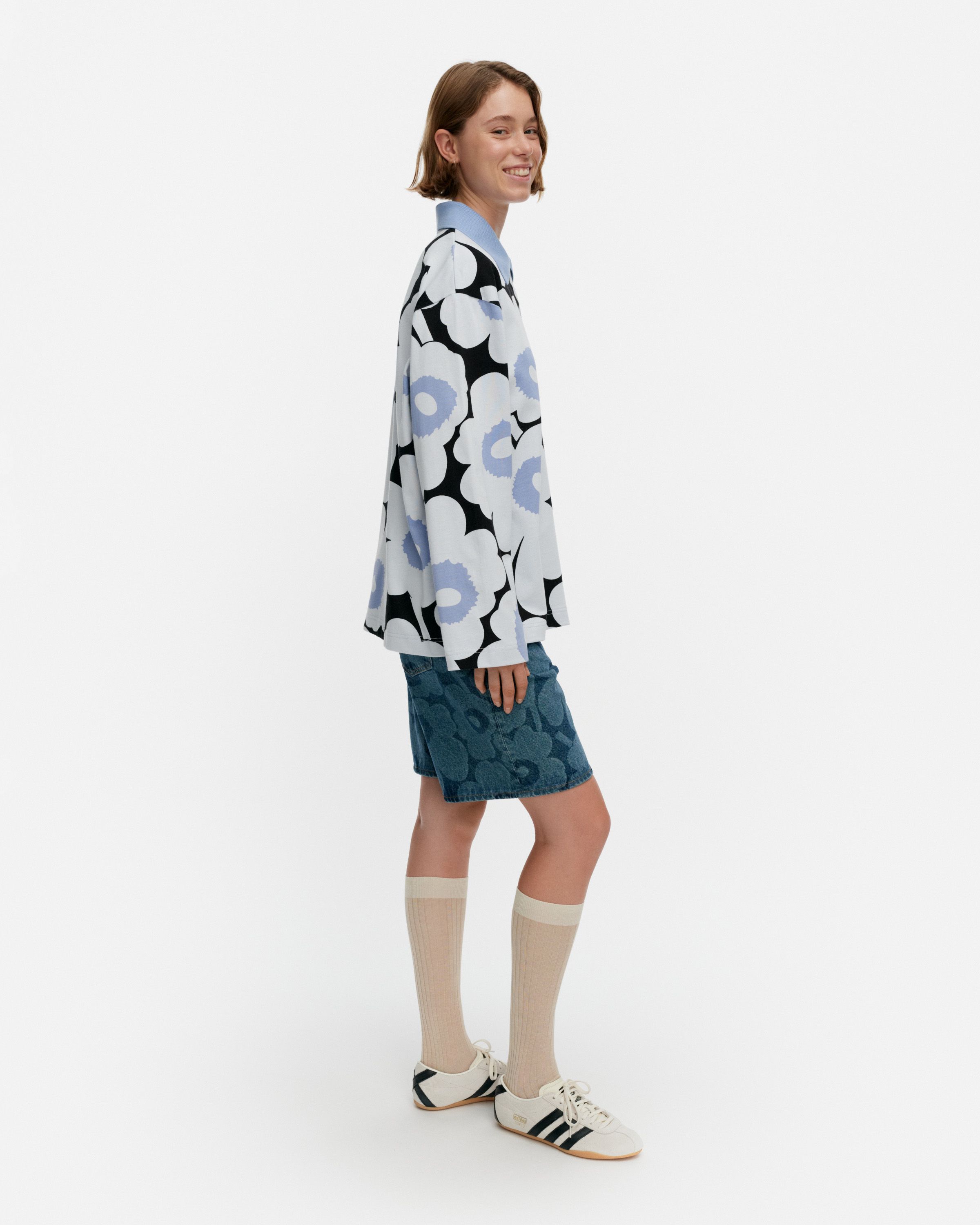 【marimekko】マリメッコ (XS) コットン 総柄 花柄 フレア シャツ 柄シャツ 花柄 フラワー 北欧 北欧風 モダン レトロモダン ピンク