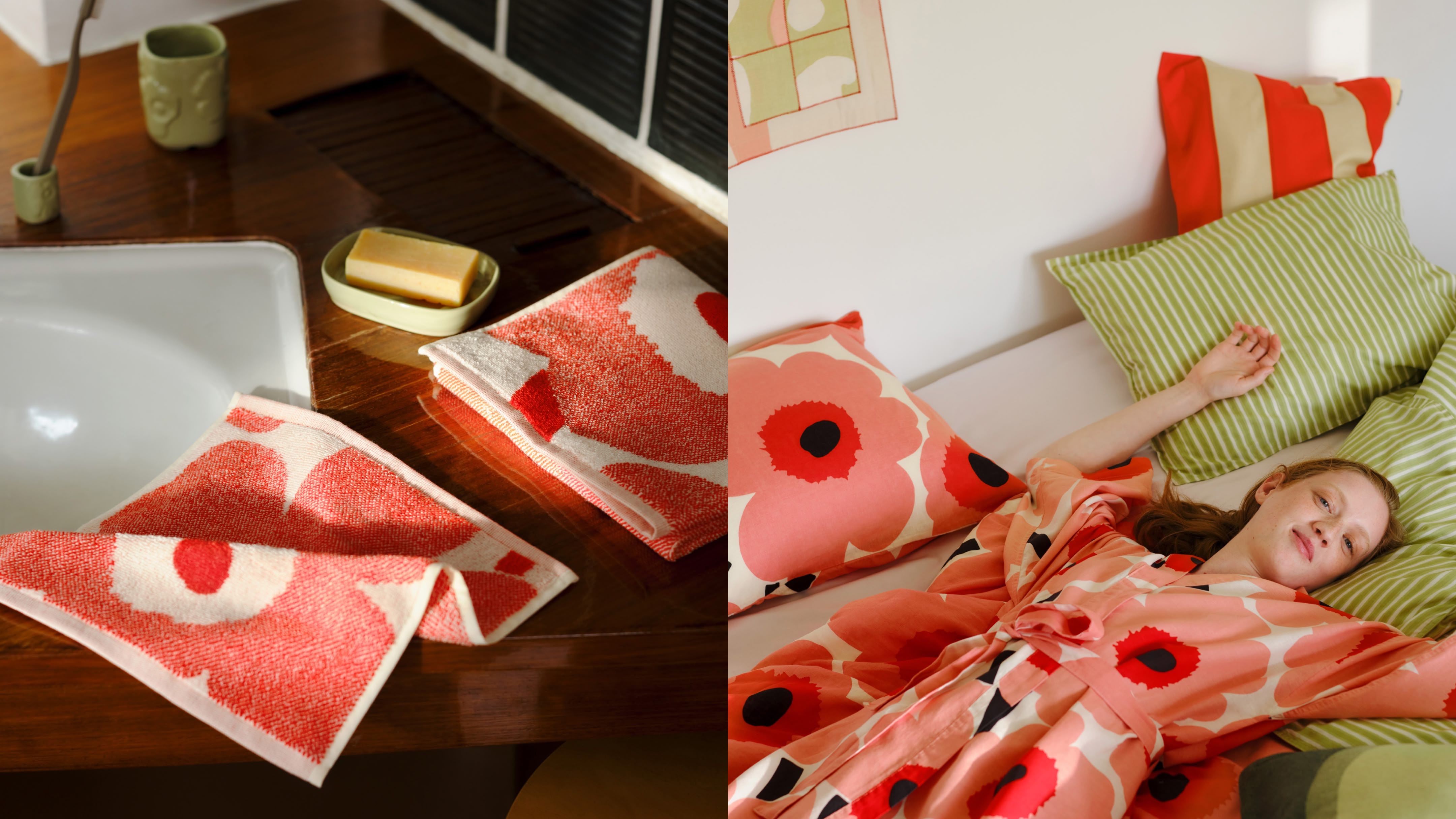 Two pictures, one with red and white Unikko towels next to the washbasin and the other with the model lying on the bed in a Unikko bathrobe with green Piccolo sheets.