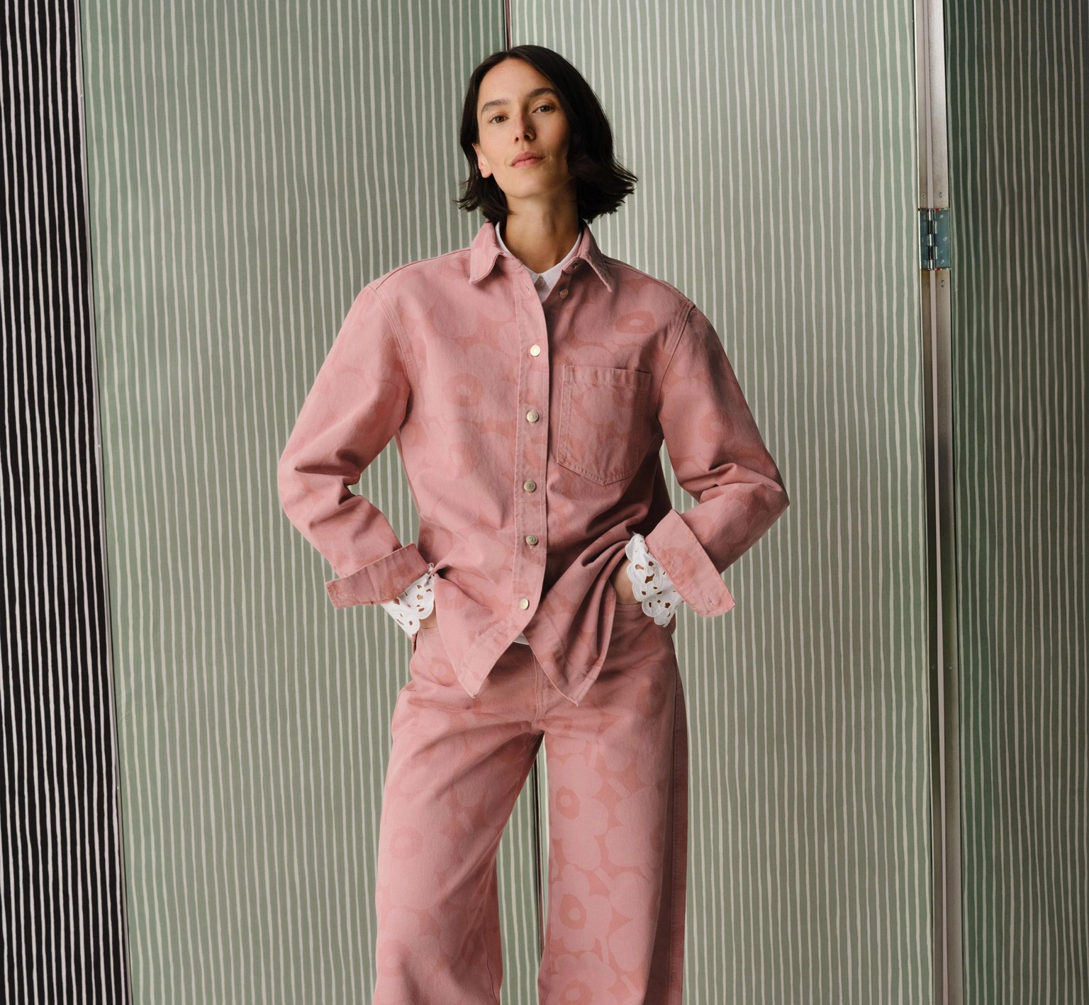 Model wearing Maridenim set in pink.