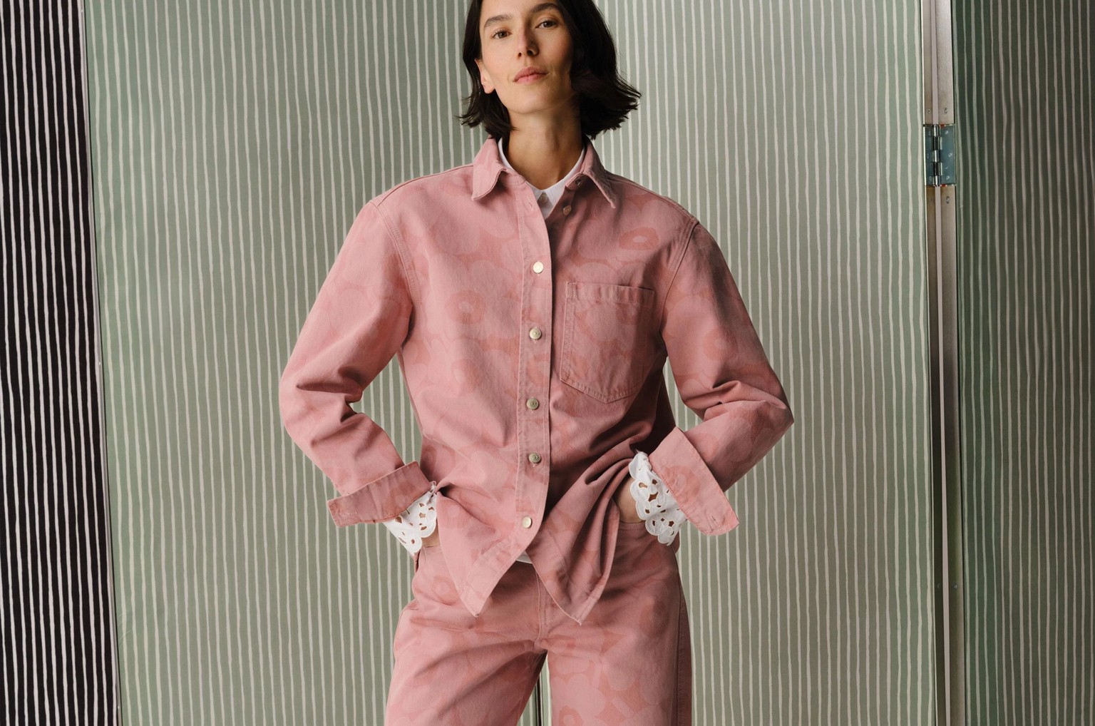 Model wearing Maridenim set in pink.