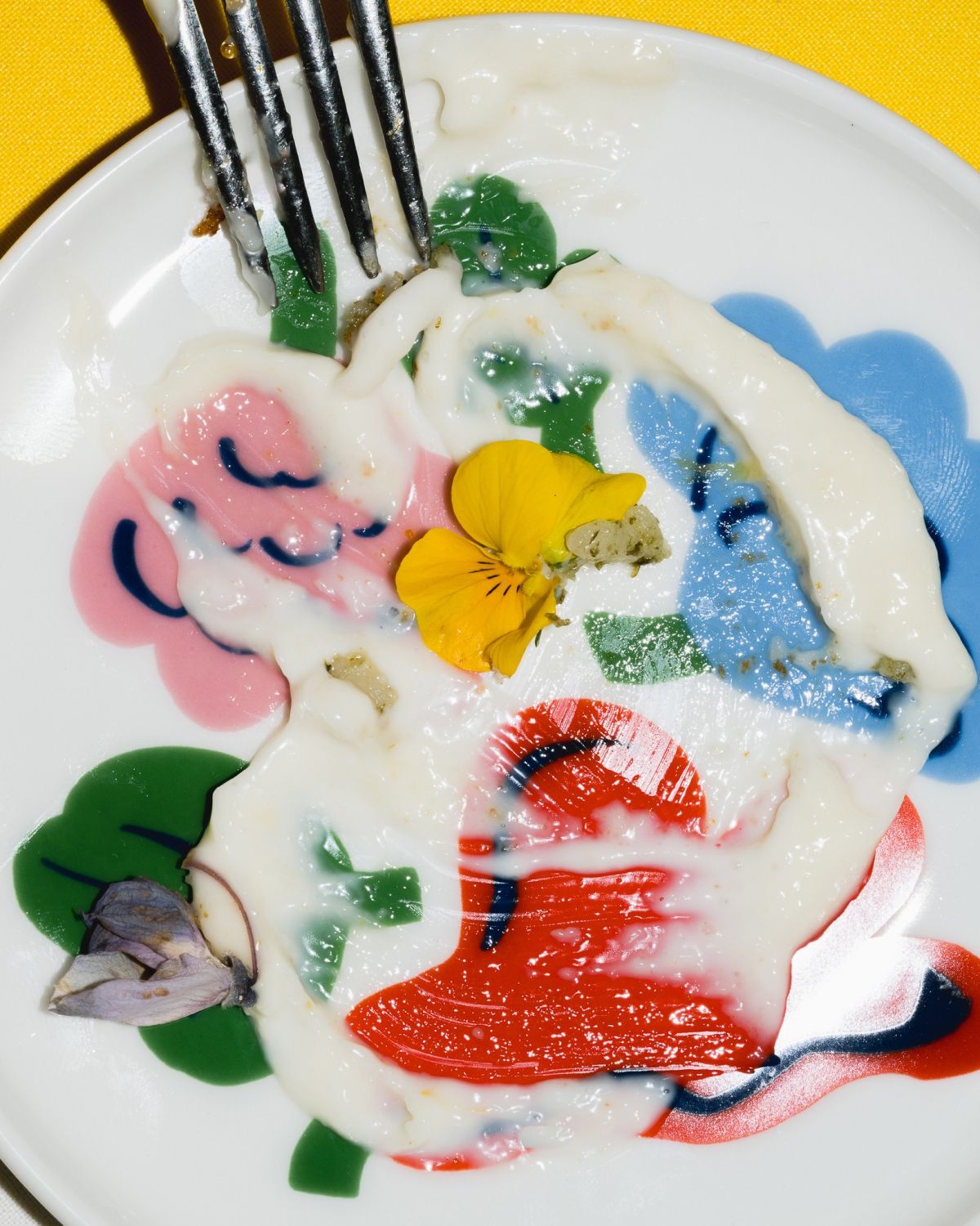 A plate from which dessert has been eaten.