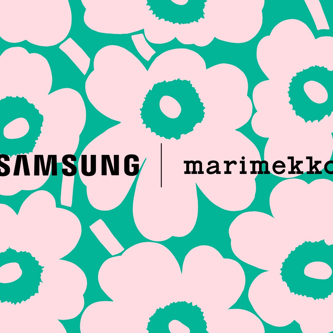 Motif Unikko de la collaboration Samsung et Marimekko en rose clair sur fond vert
