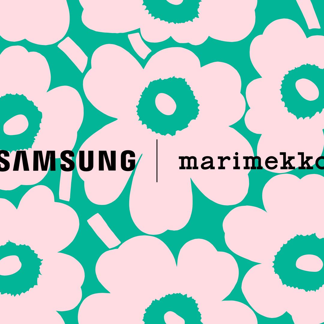 Samsung und Marimekko Zusammenarbeit Unikko-Muster in hellrosa mit grünem Hintergrund
