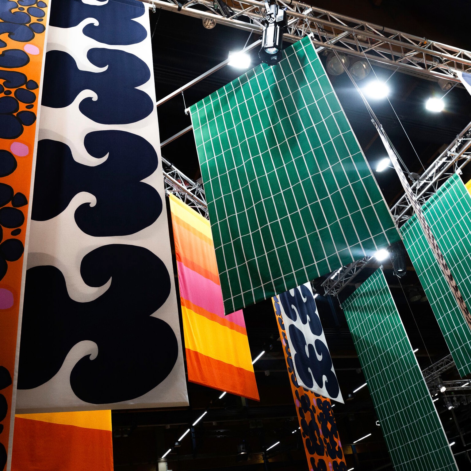 Habitare exhibition installation, where the well-known Marimekko patterns in bright colors decorate the fabrics